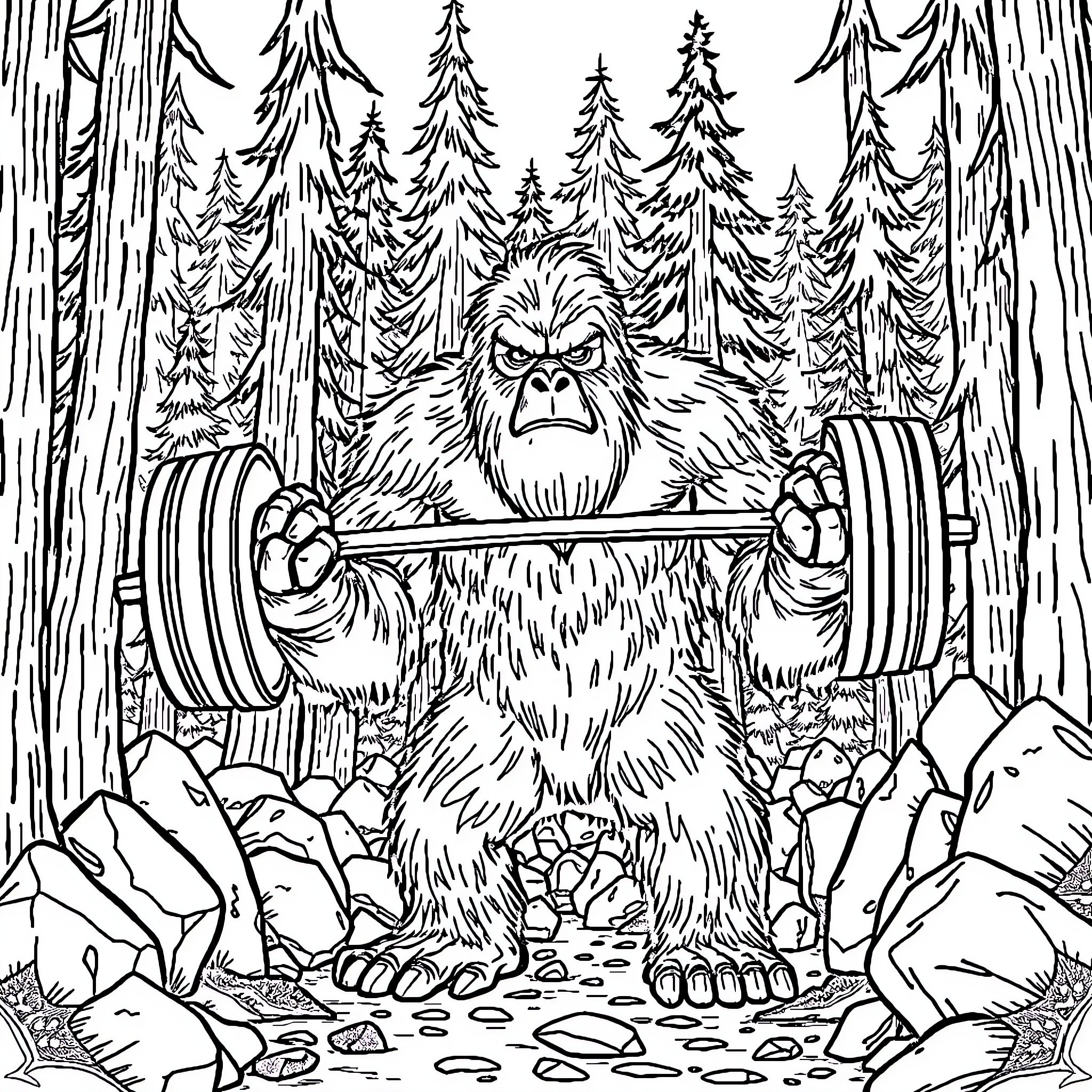 Bigfoot lifting weights in the forest Coloring Page (free black-and-white line drawing printable PDF for all, from beginners to advanced learners, including children, teens, adults, and seniors)