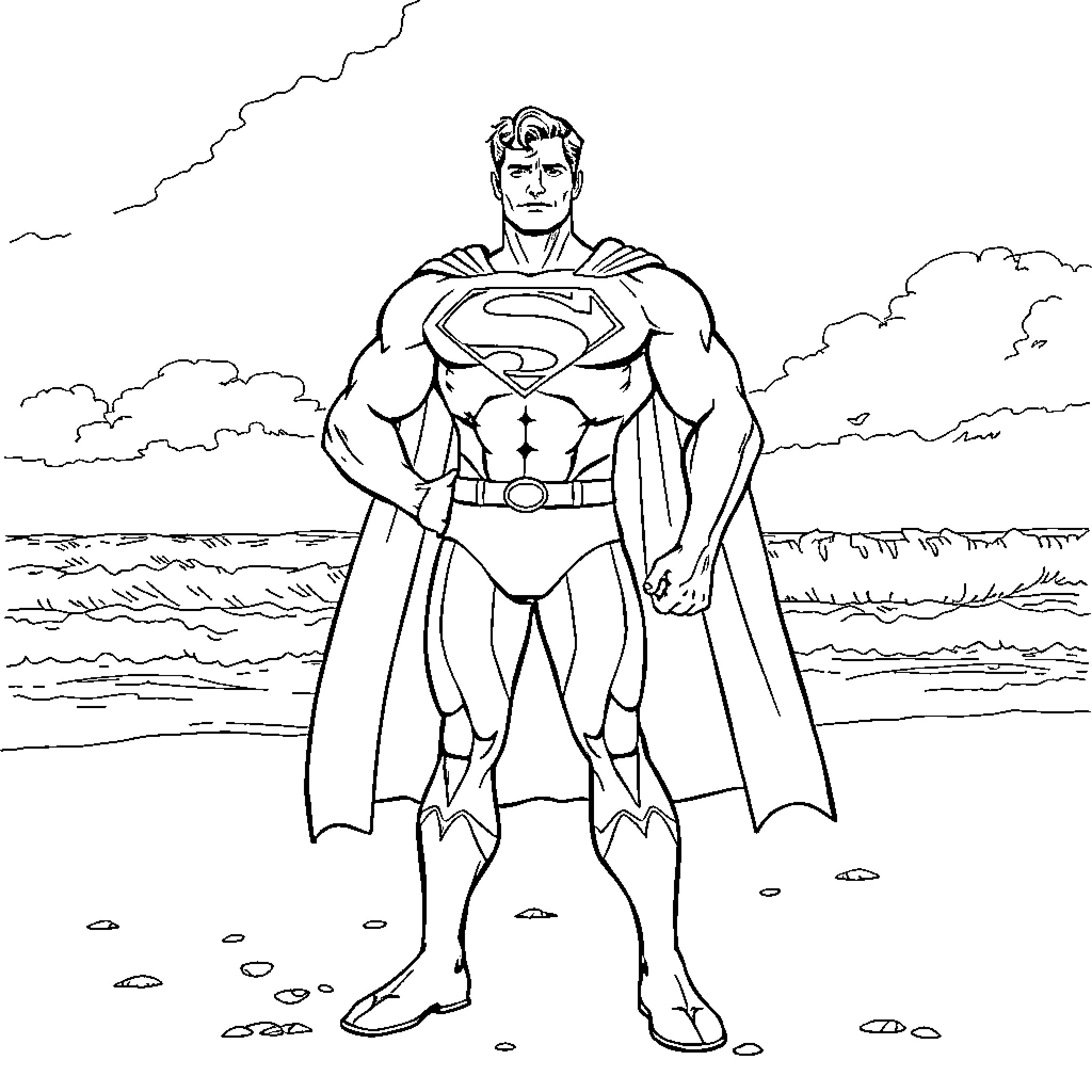 Superman standing heroically in front of the ocean Coloring Page (free black-and-white line drawing printable PDF for all, from beginners to advanced learners, including children, teens, adults, and seniors)