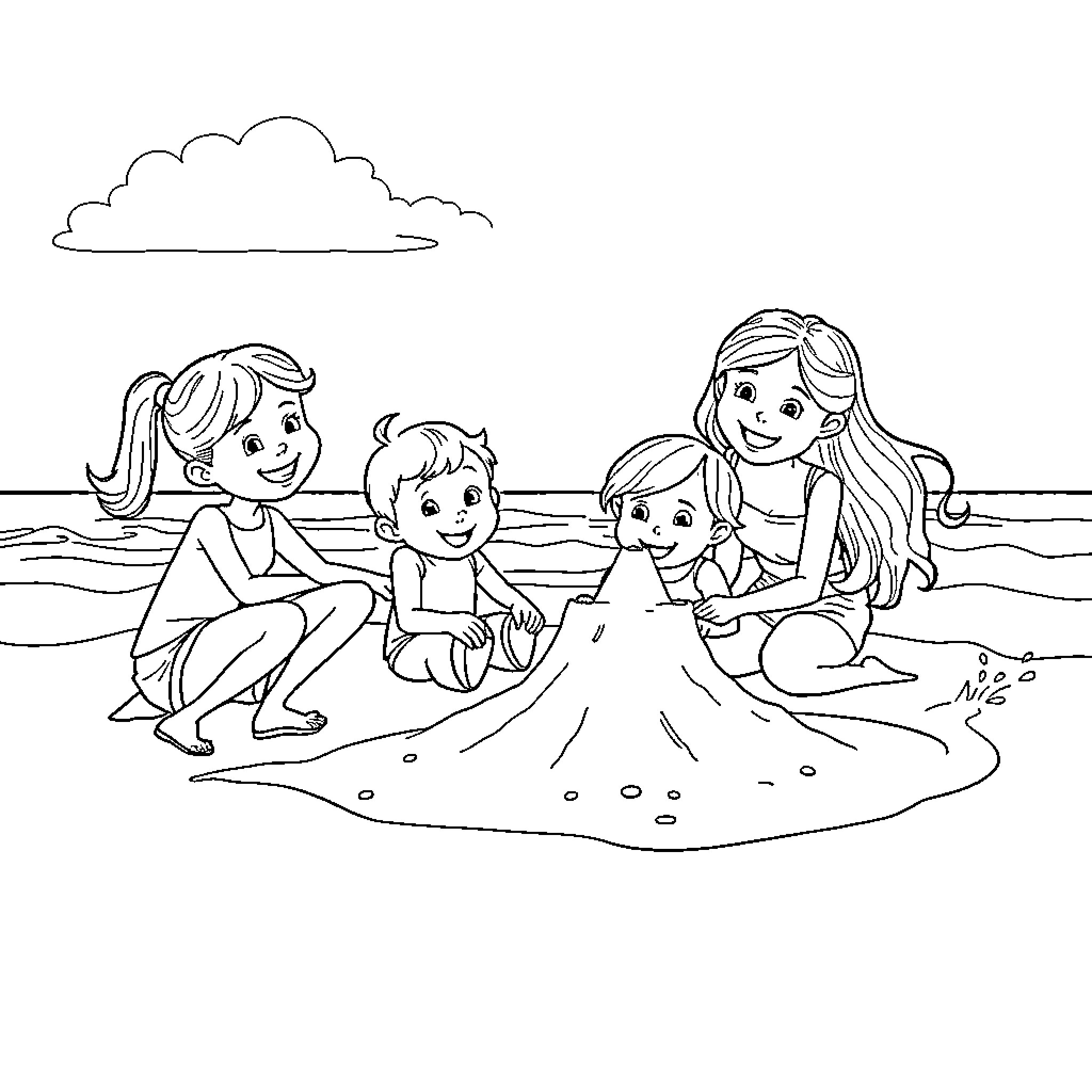 Family Enjoying a Day at the Beach Coloring Page (free black-and-white line drawing printable PDF for all, from beginners to advanced learners, including children, teens, adults, and seniors)