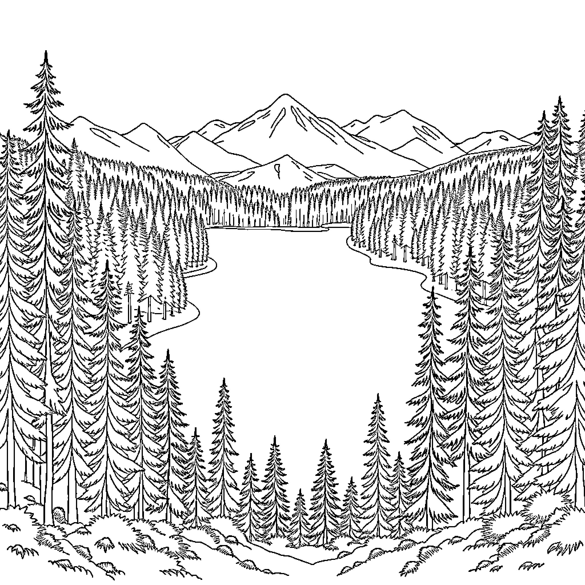 Lake nestled among majestic mountains and lush forests Coloring Page (free black-and-white line drawing printable PDF for all, from beginners to advanced learners, including children, teens, adults, and seniors)