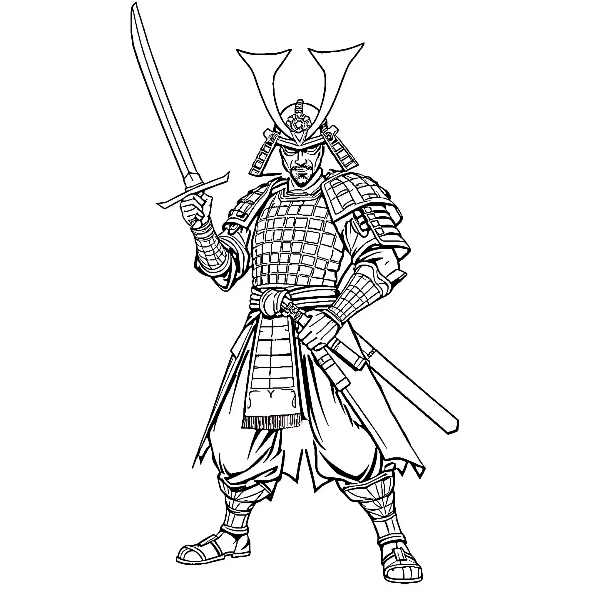 Samurai warrior in battle-ready stance Coloring Page (free black-and-white line drawing printable PDF for all, from beginners to advanced learners, including children, teens, adults, and seniors)