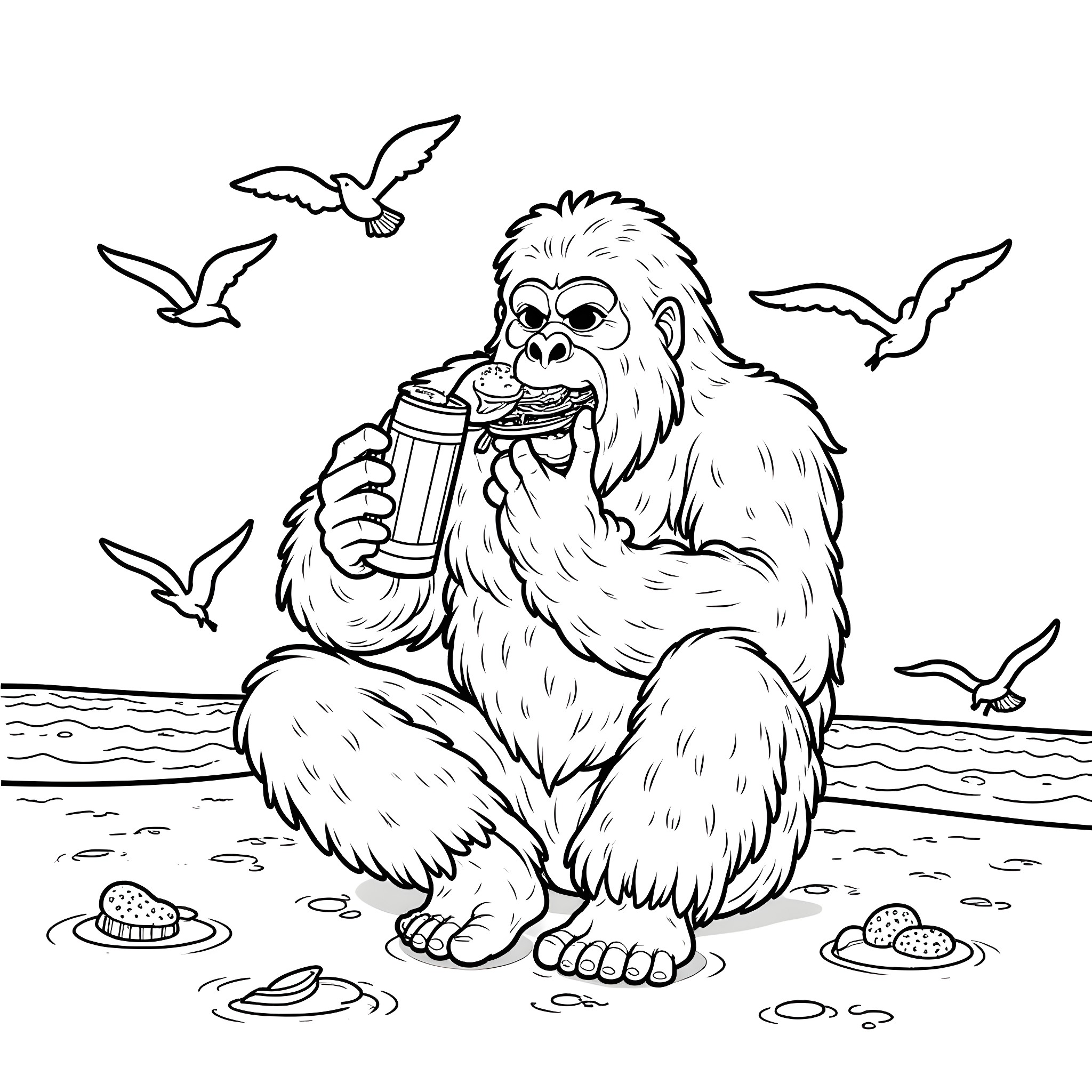 Bigfoot enjoying a beverage by the beach Coloring Page (free black-and-white line drawing printable PDF for all, from beginners to advanced learners, including children, teens, adults, and seniors)