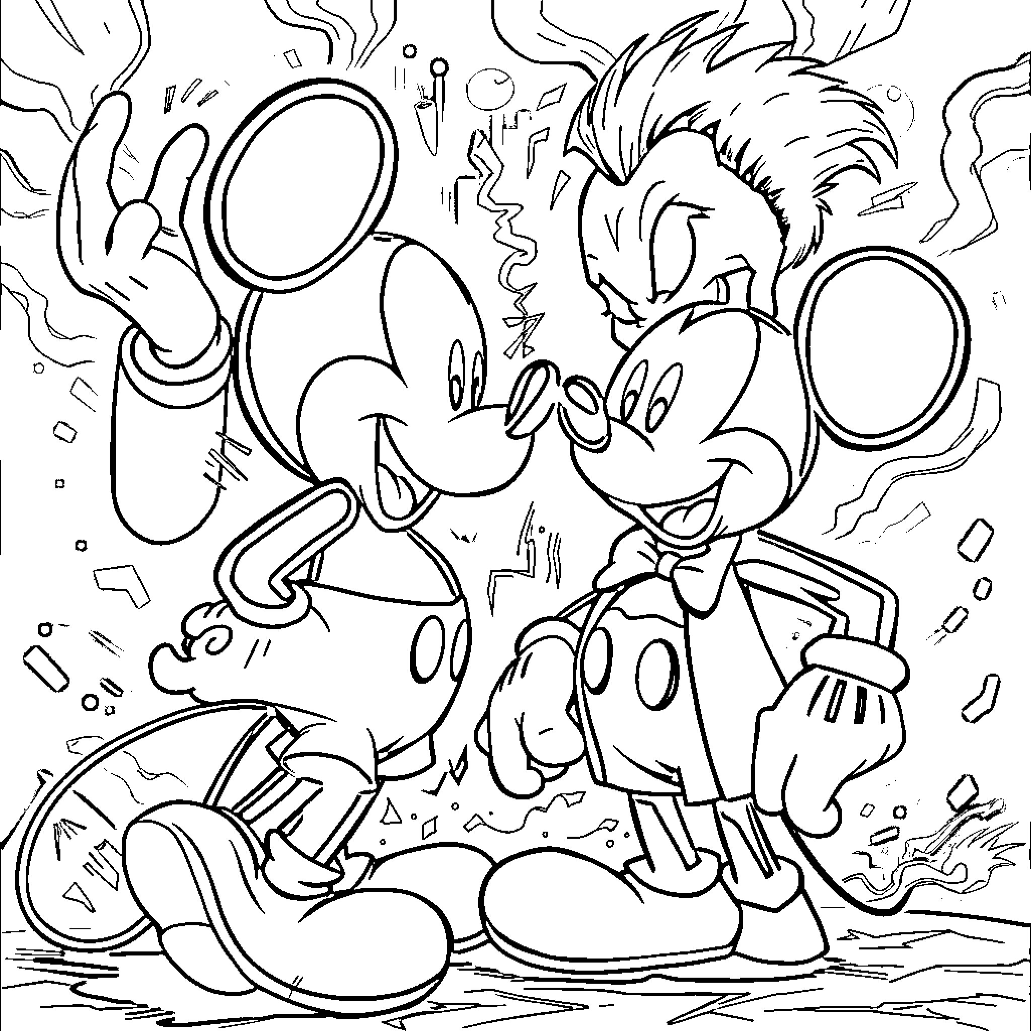 Mickey Mouse and friends in lively cartoon adventure Coloring Page (free black-and-white line drawing printable PDF for all, from beginners to advanced learners, including children, teens, adults, and seniors)
