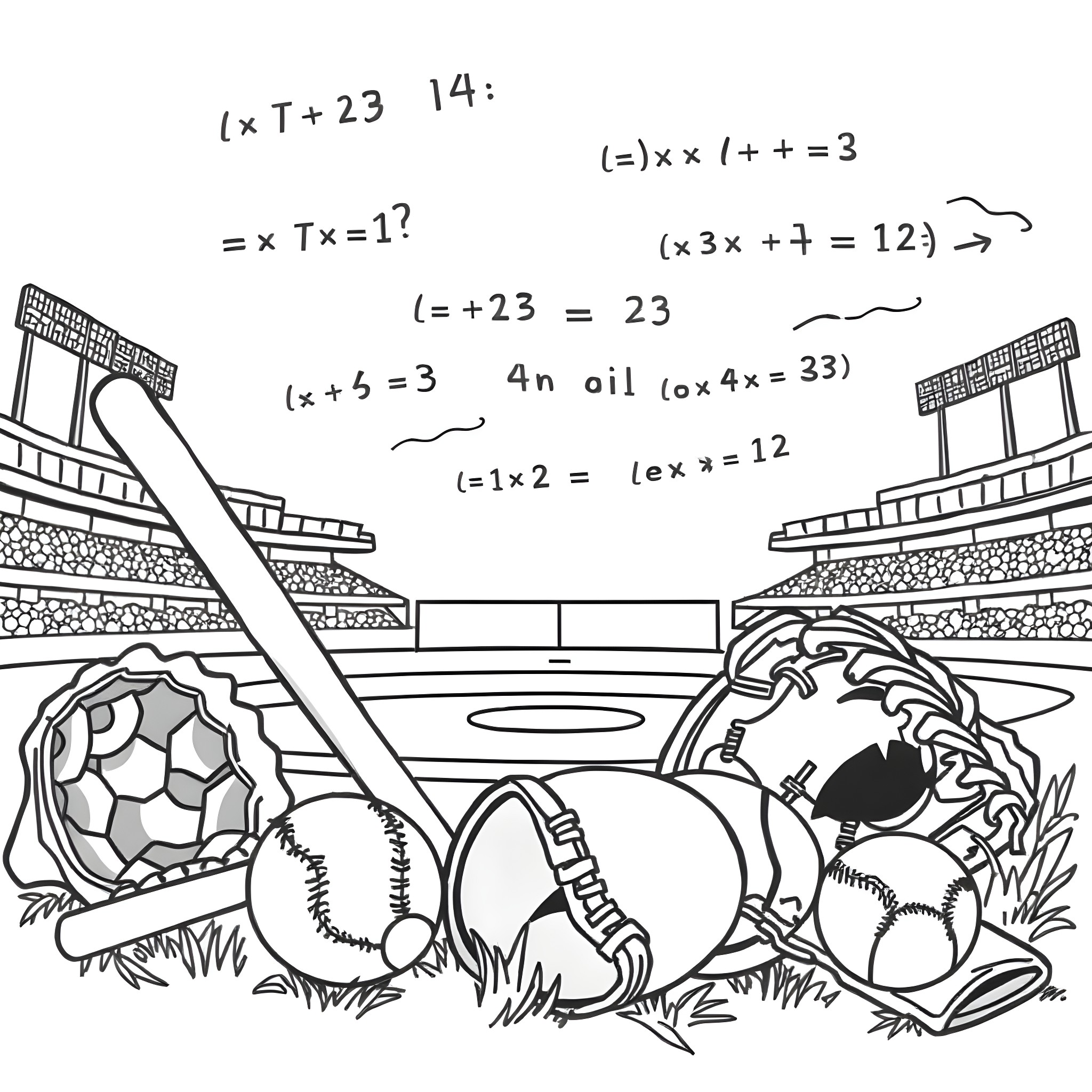 Baseball game with math equations on the field Coloring Page (free black-and-white line drawing printable PDF for all, from beginners to advanced learners, including children, teens, adults, and seniors)