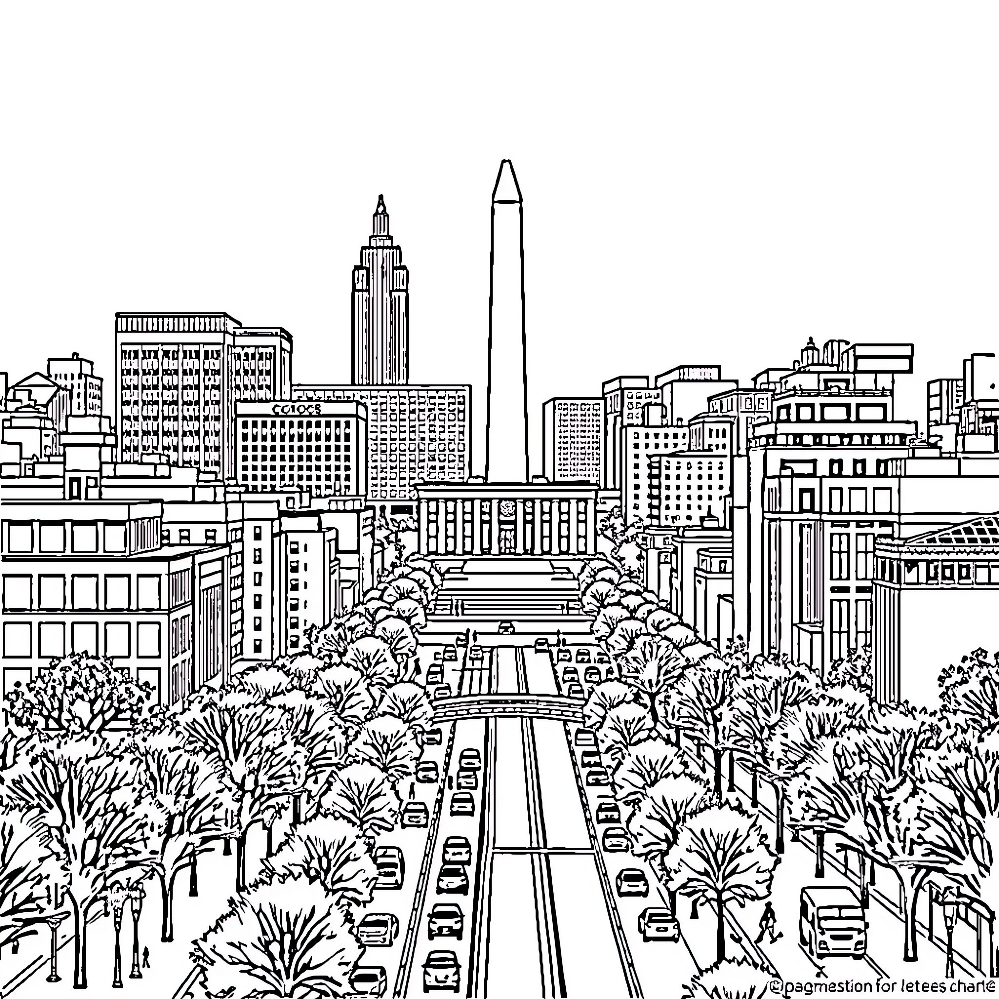 Washington D.C. skyline with bustling streets and architecture Coloring Page (free black-and-white line drawing printable PDF for all, from beginners to advanced learners, including children, teens, adults, and seniors)