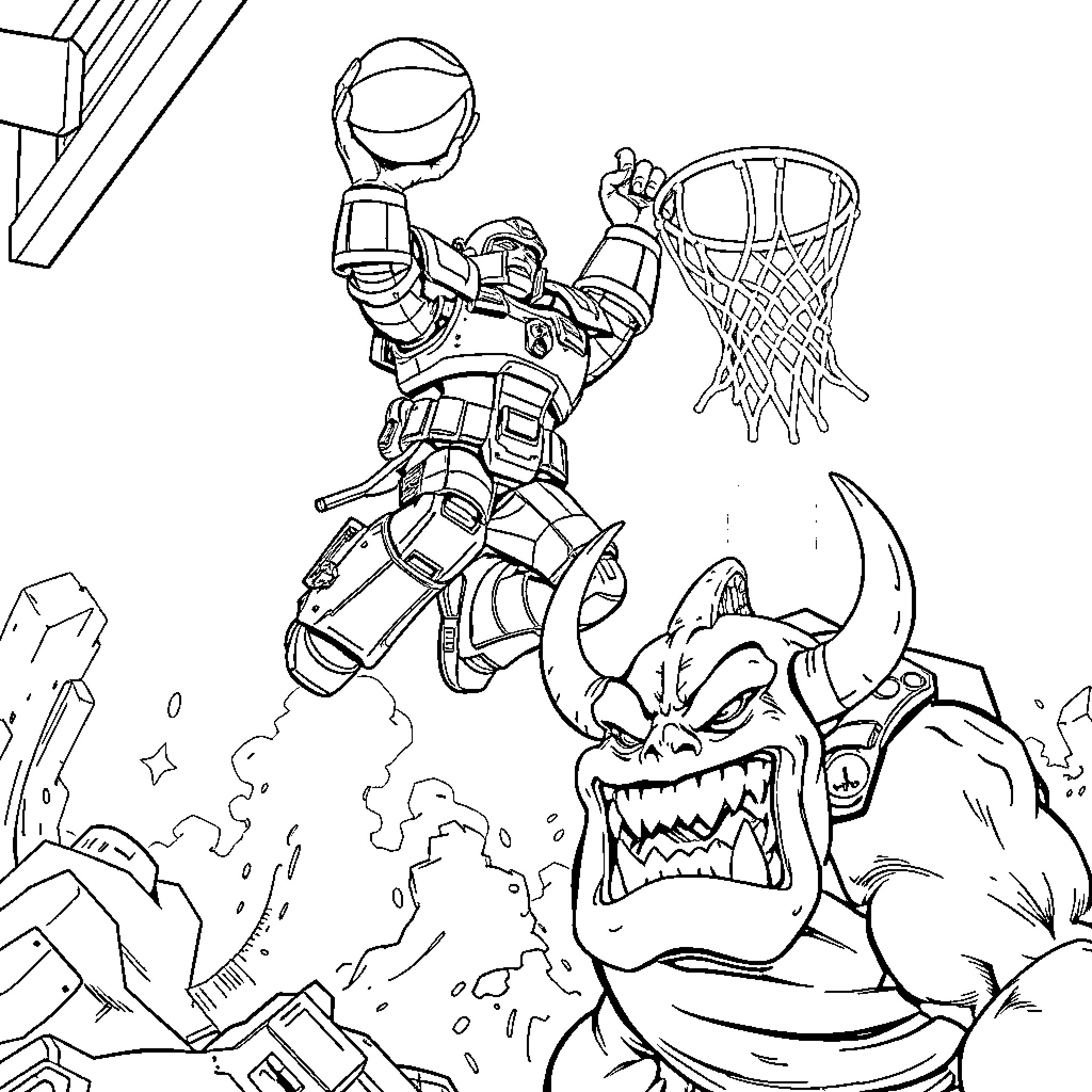 Space Marine battles a fierce enemy in sci-fi combat Coloring Page (free black-and-white line drawing printable PDF for all, from beginners to advanced learners, including children, teens, adults, and seniors)