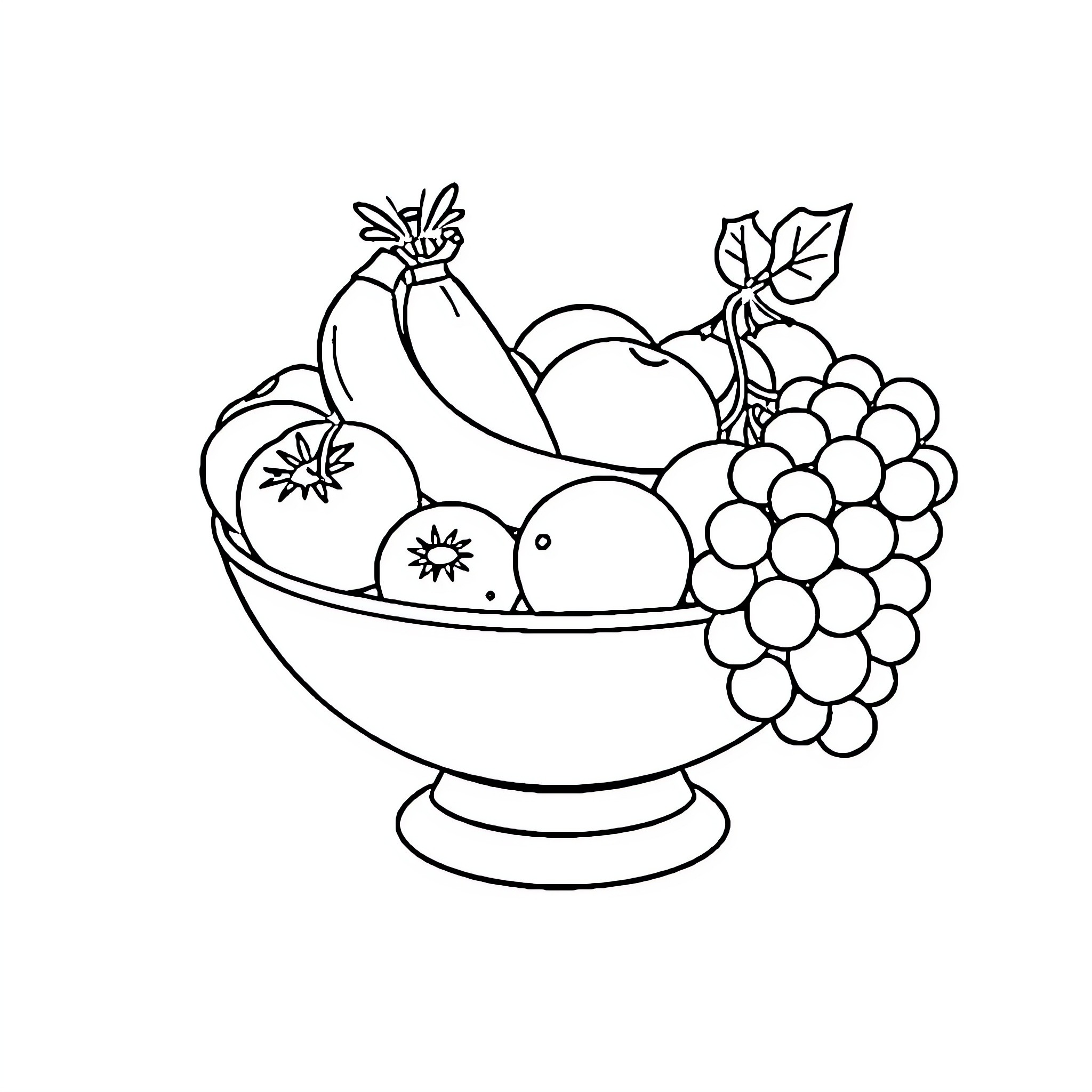 Fruit Bowl with Assorted Produce Coloring Page (free black-and-white line drawing printable PDF for all, from beginners to advanced learners, including children, teens, adults, and seniors)