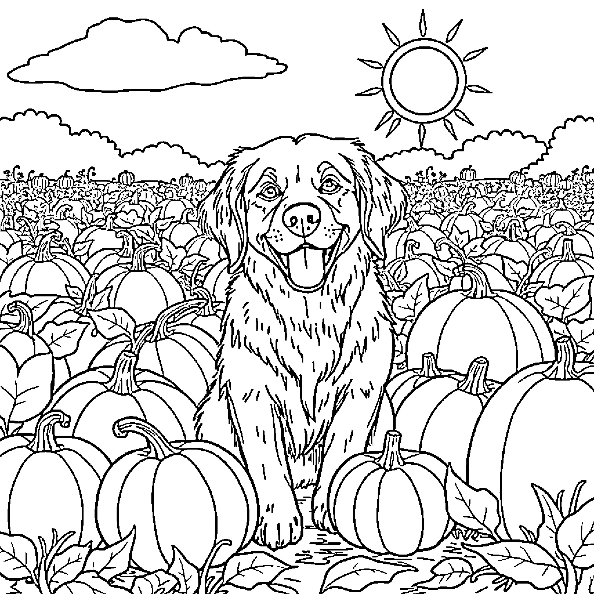 Golden Retriever enjoying autumn in pumpkin patch Coloring Page (free black-and-white line drawing printable PDF for all, from beginners to advanced learners, including children, teens, adults, and seniors)