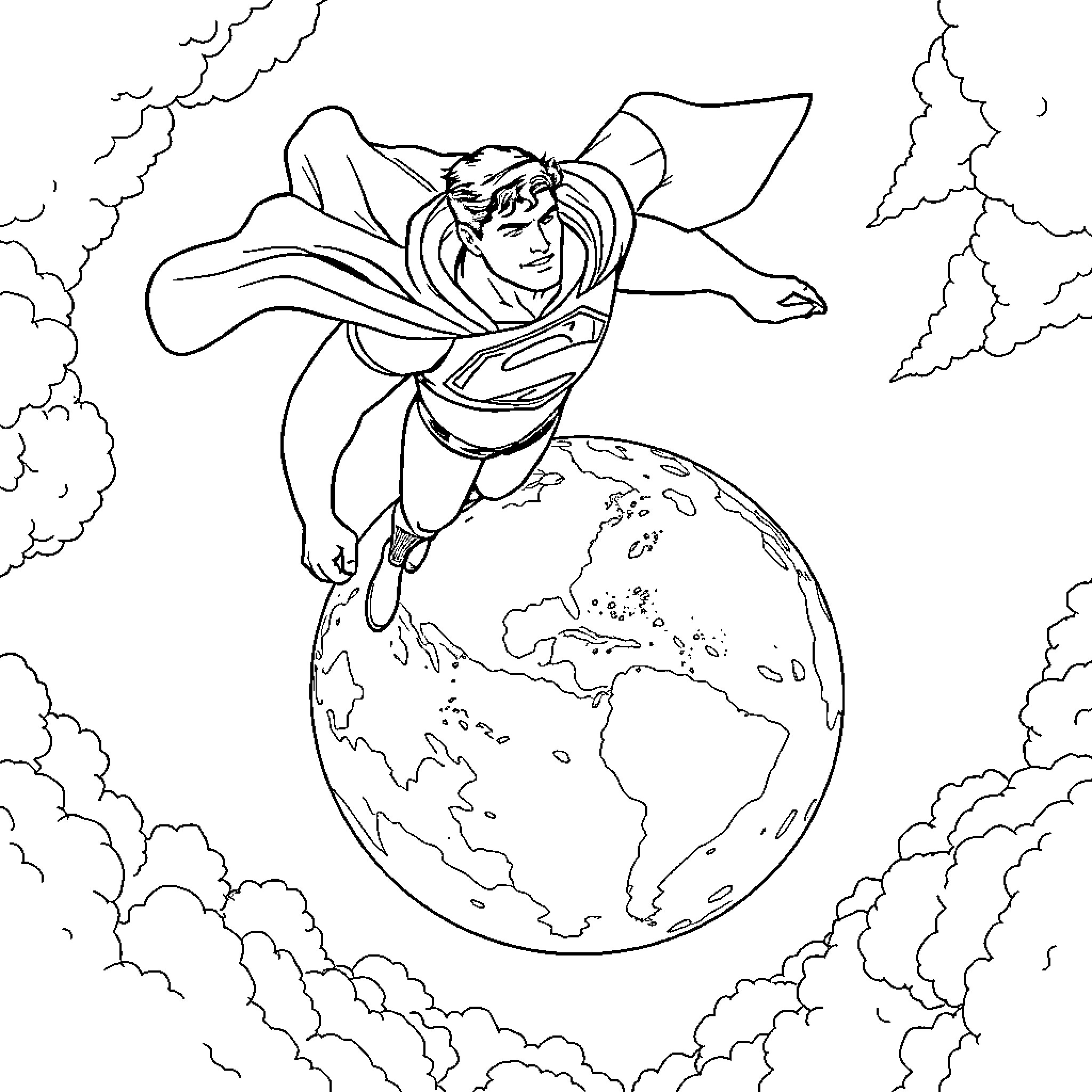 Superman flying heroically over the globe Coloring Page (free black-and-white line drawing printable PDF for all, from beginners to advanced learners, including children, teens, adults, and seniors)