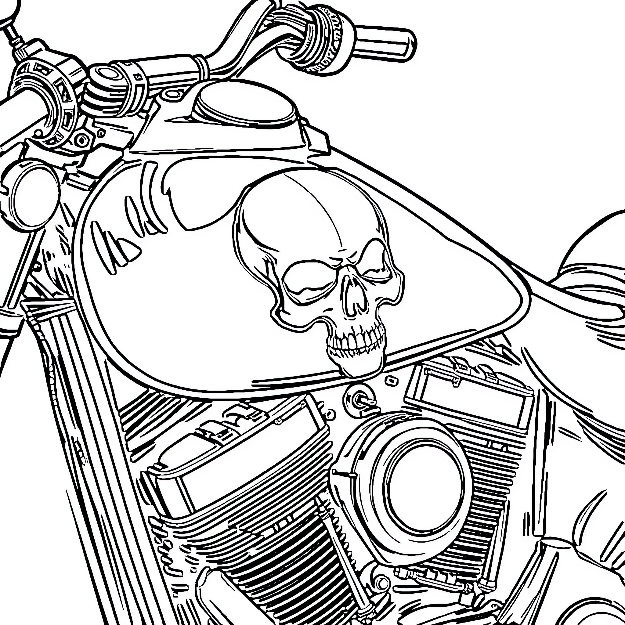 Skull Adorned Motorcycle Closeup Coloring Page (free black-and-white line drawing printable PDF for all, from beginners to advanced learners, including children, teens, adults, and seniors)