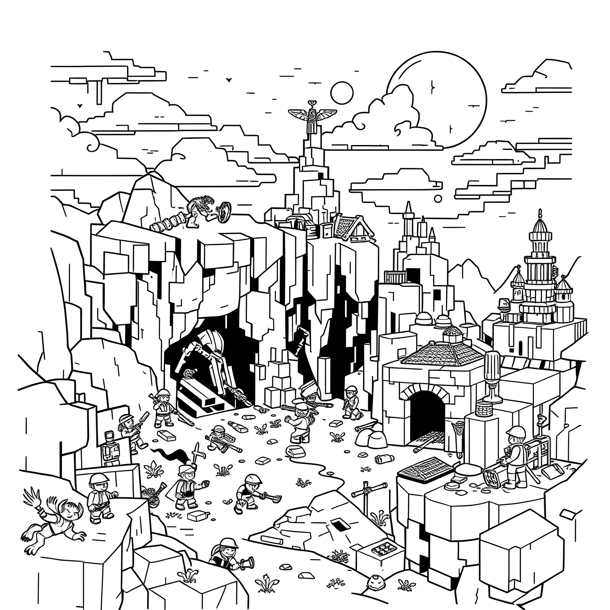 Minecraft Exploration of a Vast Blocky Landscape Coloring Page (free black-and-white line drawing printable PDF for all, from beginners to advanced learners, including children, teens, adults, and seniors)