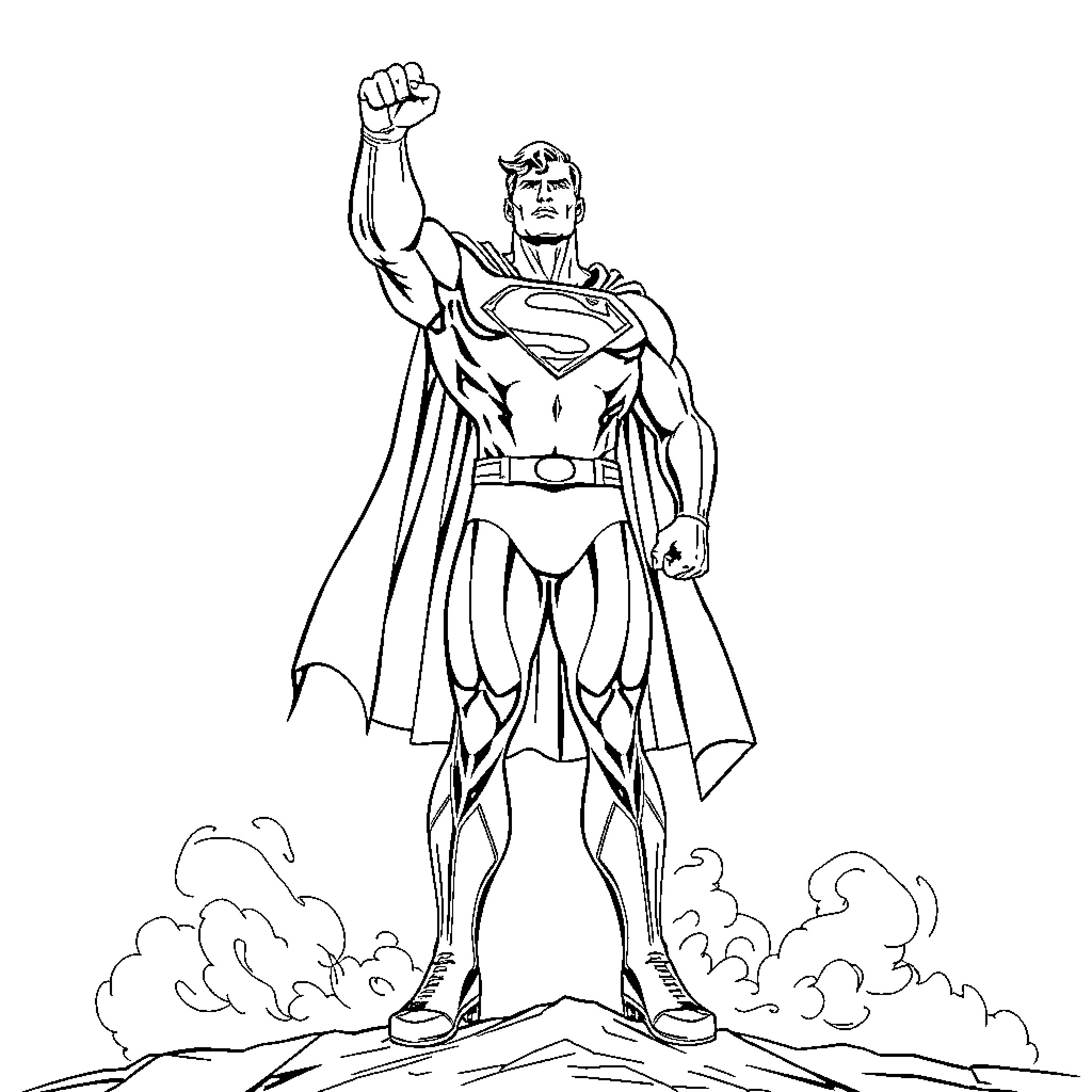 Superman standing triumphantly on a cliff Coloring Page (free black-and-white line drawing printable PDF for all, from beginners to advanced learners, including children, teens, adults, and seniors)