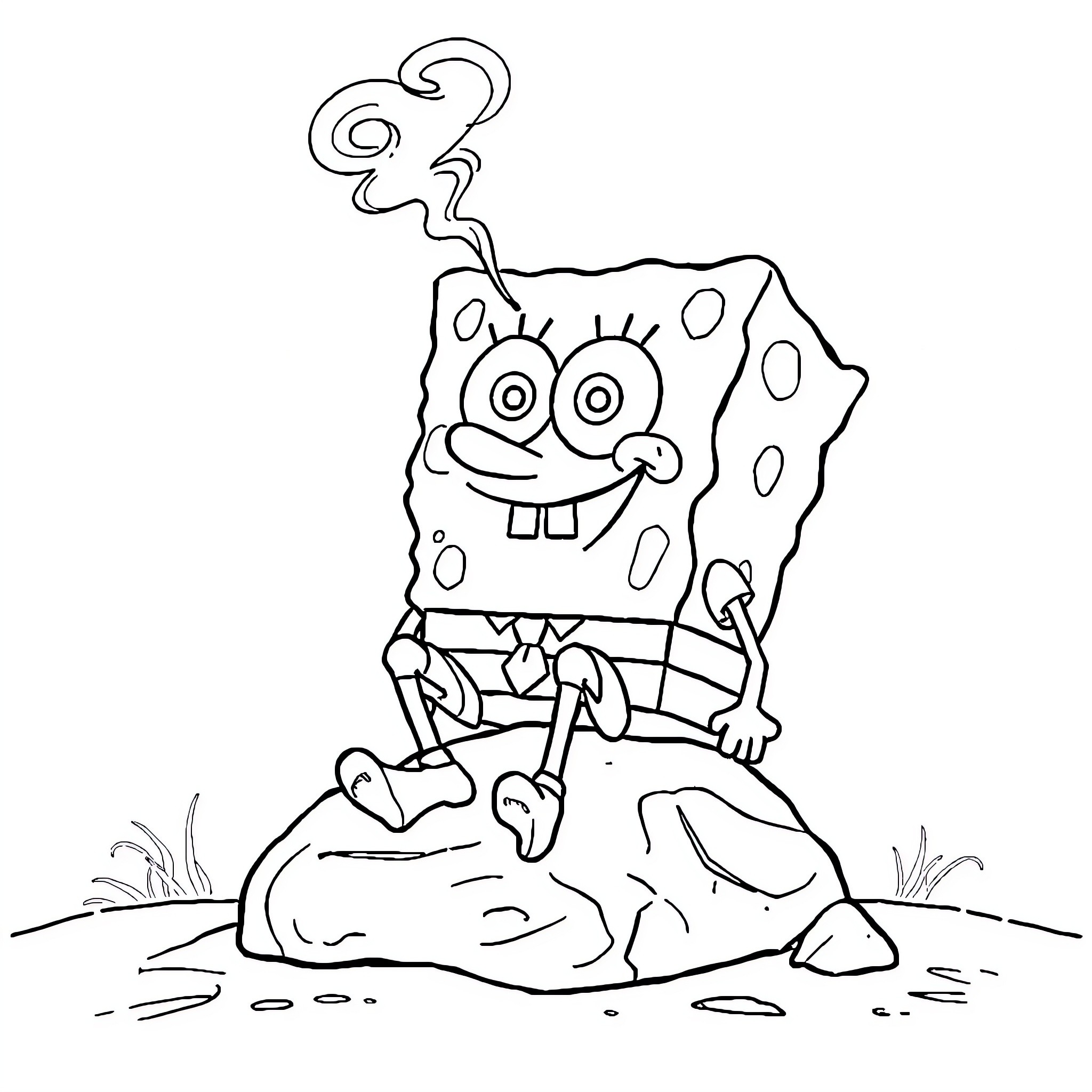Spongebob happily sitting on a rock Coloring Page (free black-and-white line drawing printable PDF for all, from beginners to advanced learners, including children, teens, adults, and seniors)