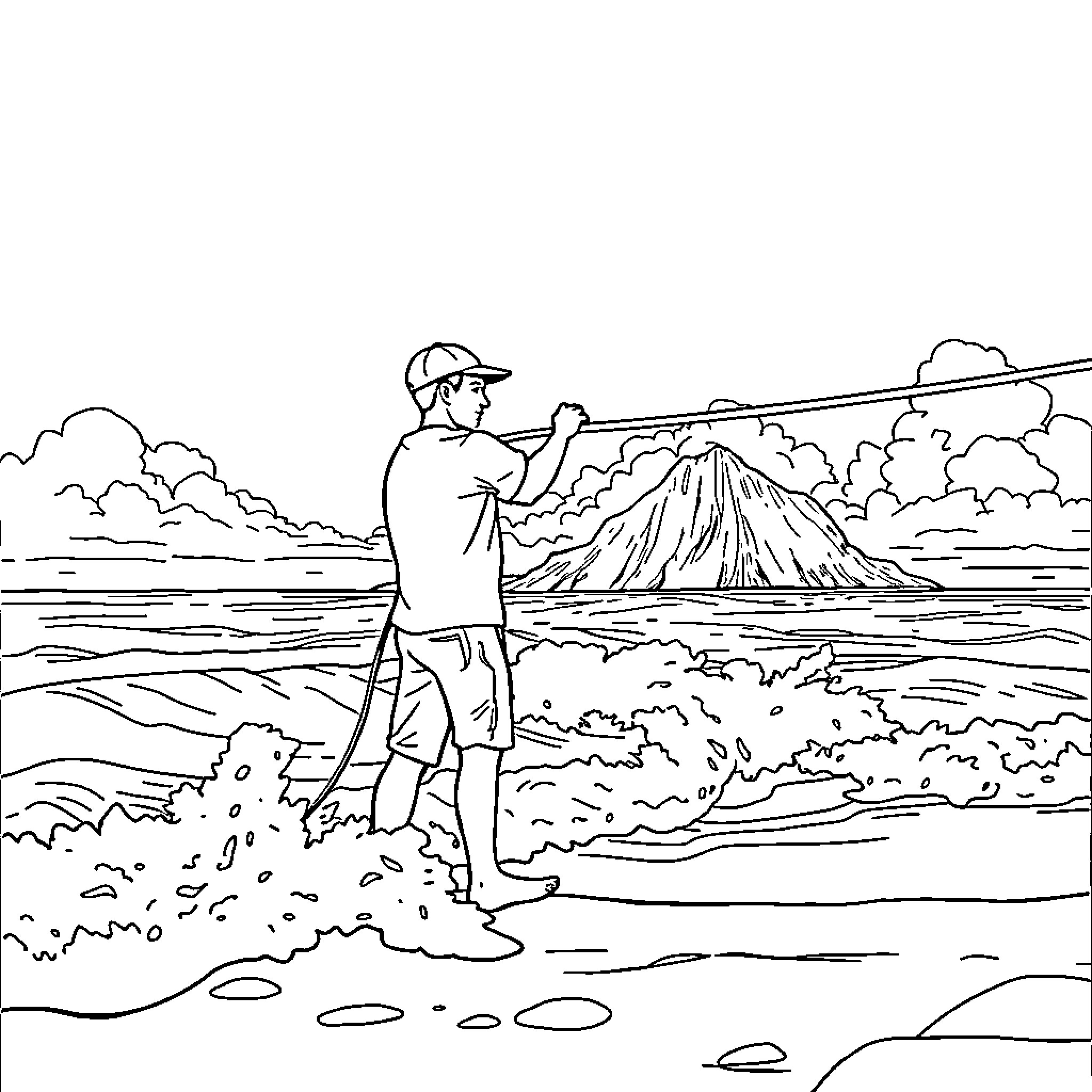 Man fishing by the river with mountain in the background Coloring Page (free black-and-white line drawing printable PDF for all, from beginners to advanced learners, including children, teens, adults, and seniors)