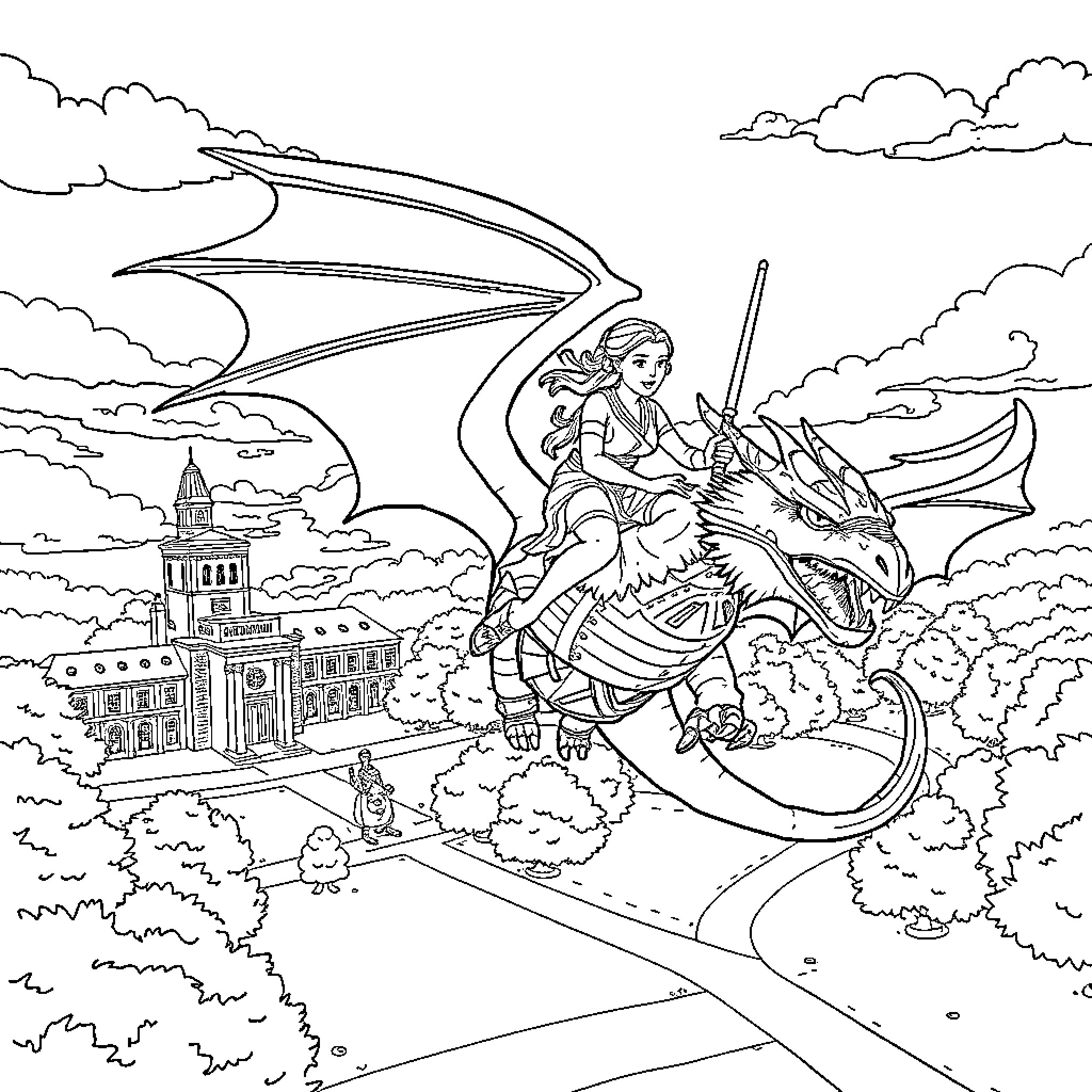 Rey soaring on a dragon above a fantasy city Coloring Page (free black-and-white line drawing printable PDF for all, from beginners to advanced learners, including children, teens, adults, and seniors)