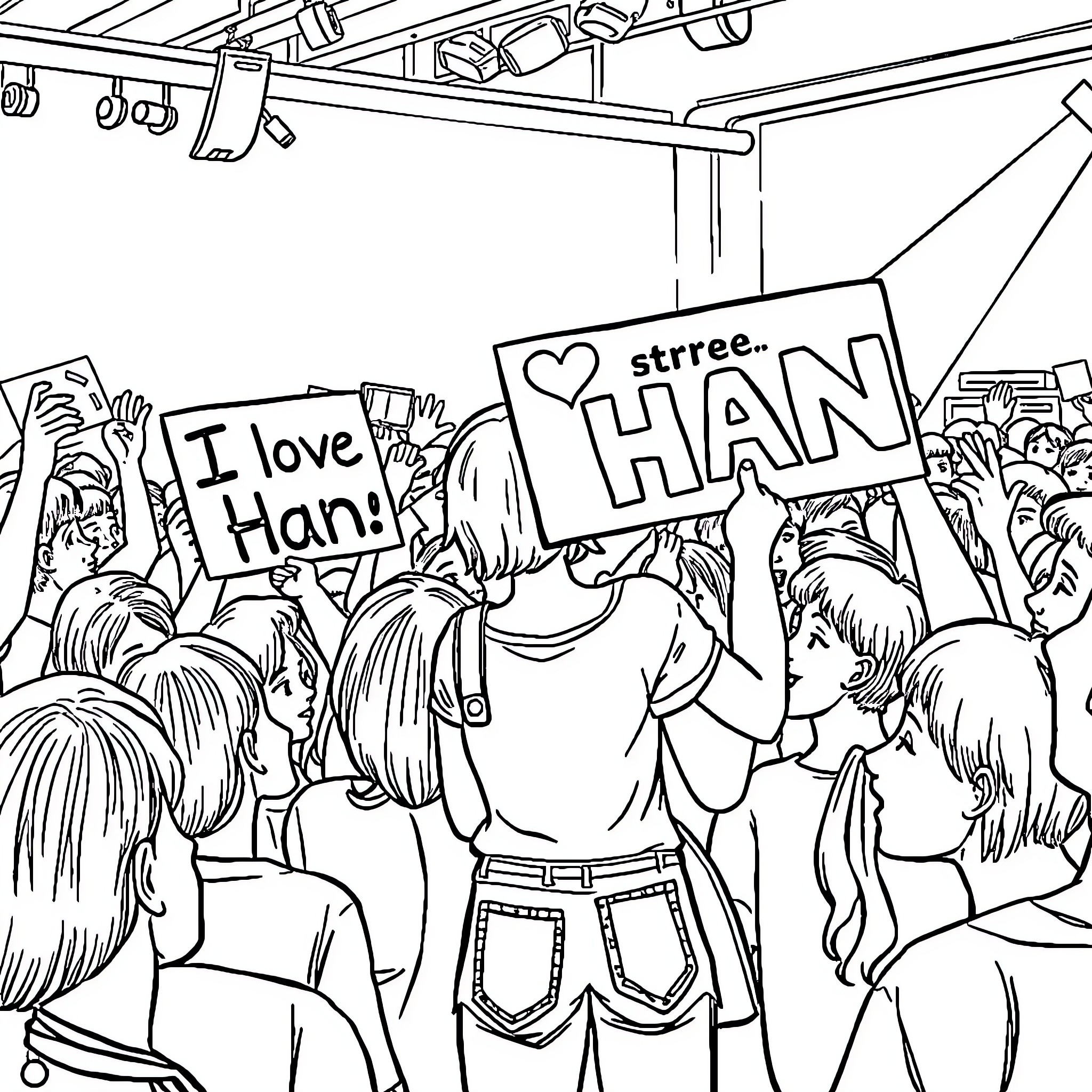 Girl at a Lively Protest with Supportive Signs Coloring Page (free black-and-white line drawing printable PDF for all, from beginners to advanced learners, including children, teens, adults, and seniors)