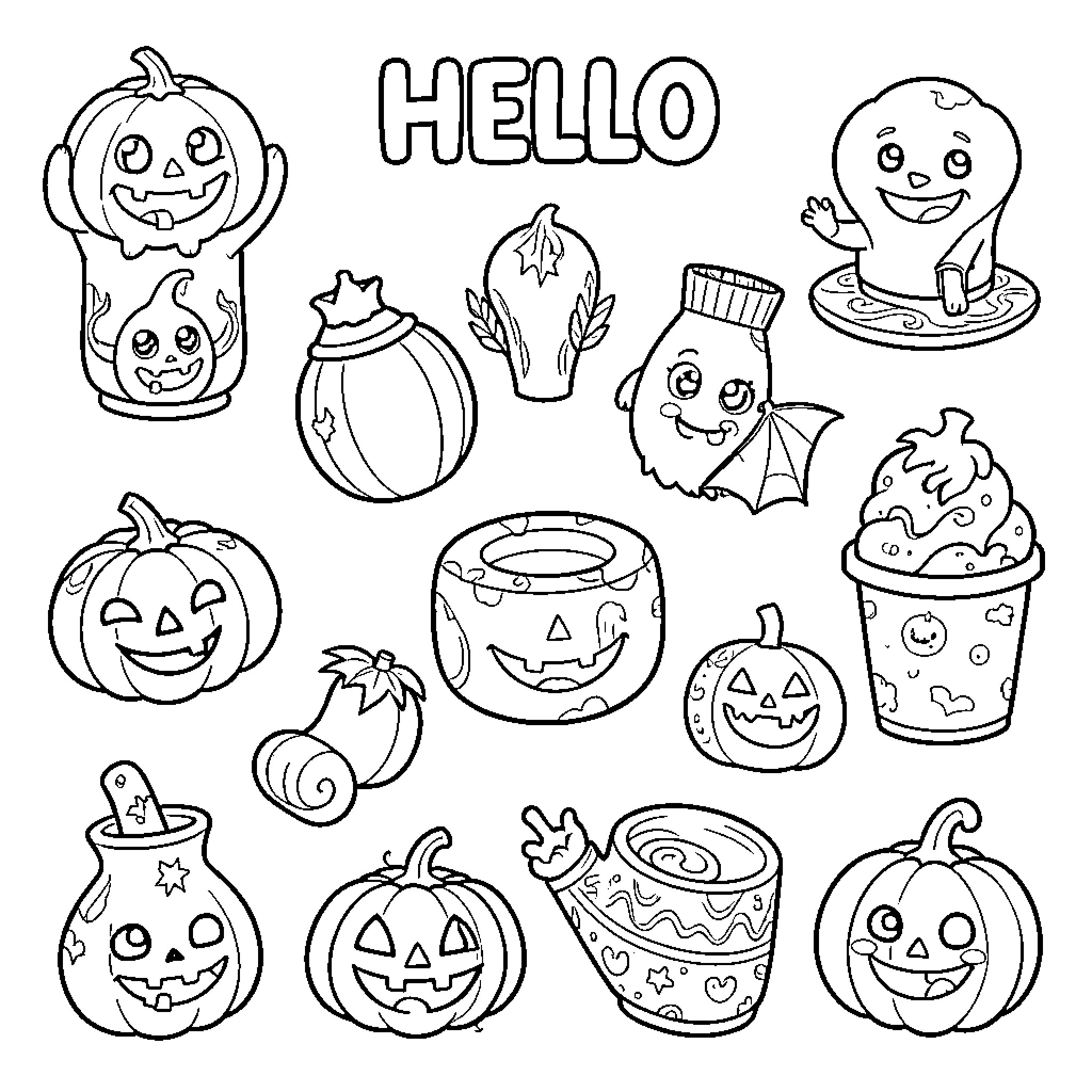 Halloween characters smiling and celebrating with festive treats Coloring Page (free black-and-white line drawing printable PDF for all, from beginners to advanced learners, including children, teens, adults, and seniors)