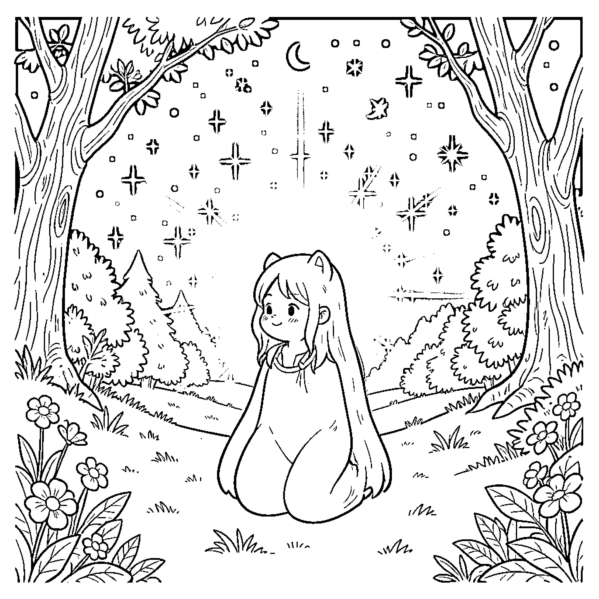 Lookhmee in a whimsical forest scene Coloring Page (free black-and-white line drawing printable PDF for all, from beginners to advanced learners, including children, teens, adults, and seniors)