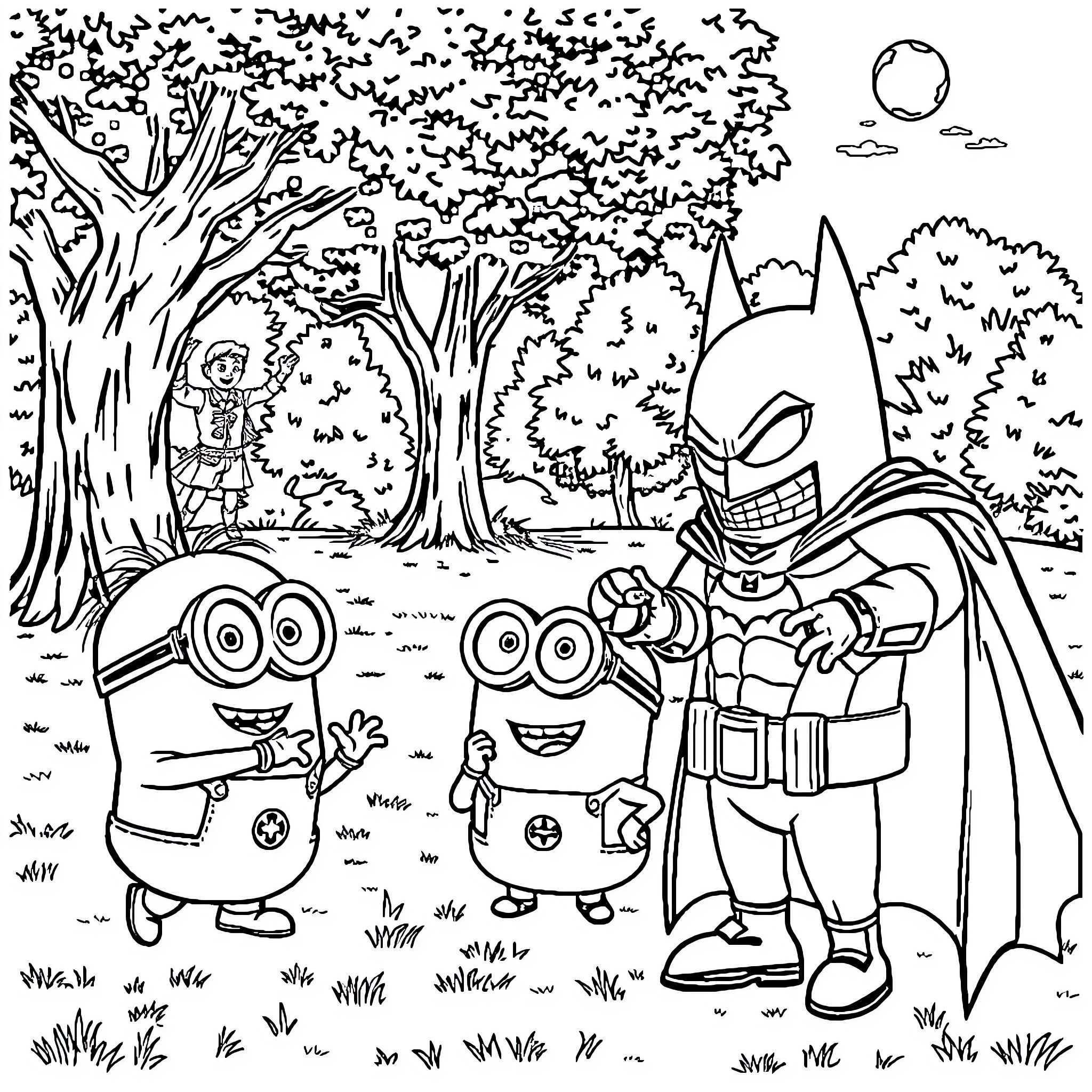 Minions exploring the forest with Batman Coloring Page (free black-and-white line drawing printable PDF for all, from beginners to advanced learners, including children, teens, adults, and seniors)