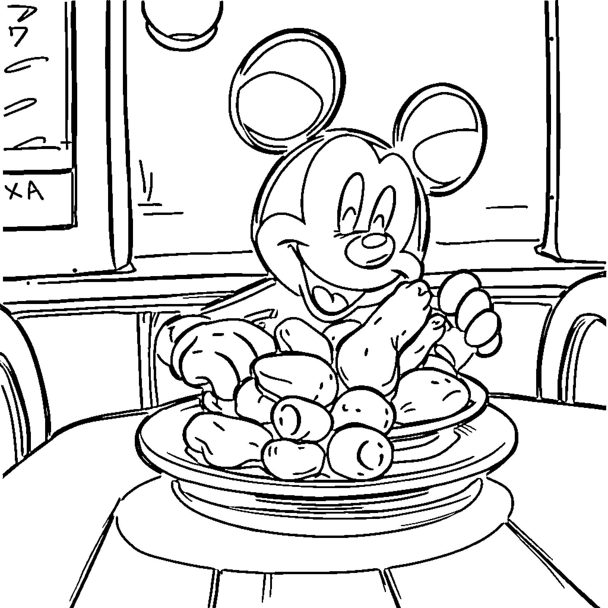 Mickey Mouse Enjoying a Tasty Meal Coloring Page (free black-and-white line drawing printable PDF for all, from beginners to advanced learners, including children, teens, adults, and seniors)