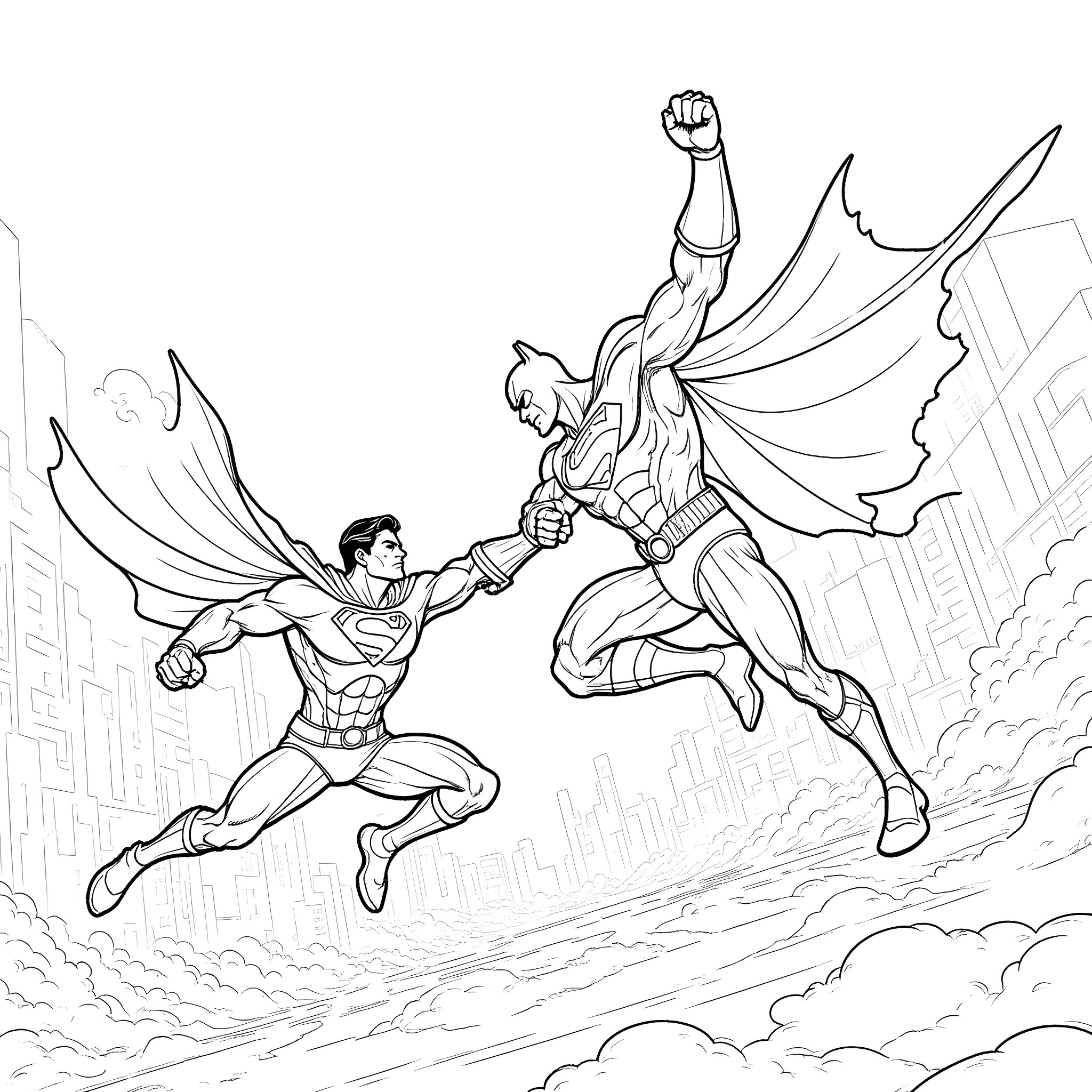 Superman and Batman heroically soaring through the skies Coloring Page (free black-and-white line drawing printable PDF for all, from beginners to advanced learners, including children, teens, adults, and seniors)