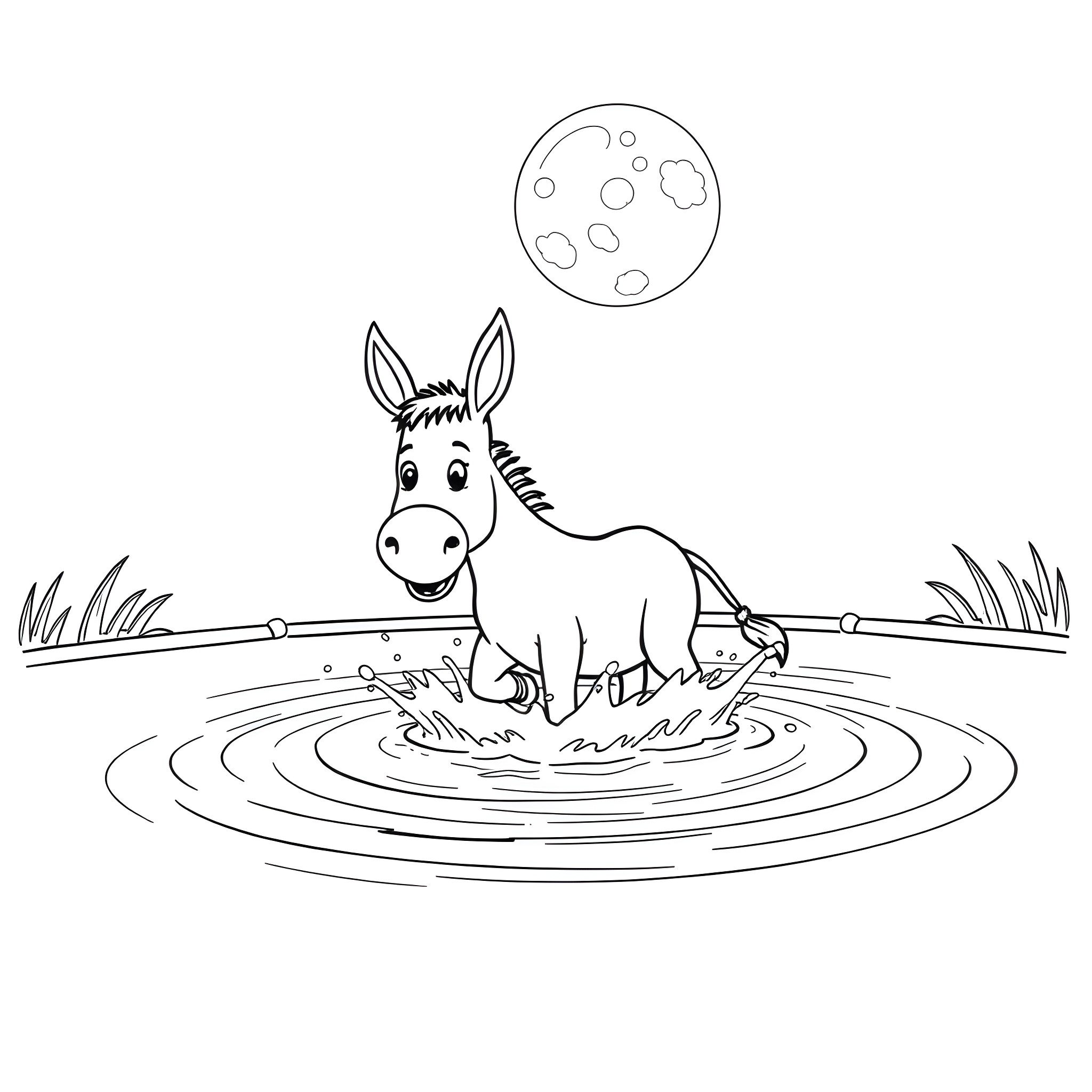 Donkey playfully wading in a pond under the moonlight Coloring Page (free black-and-white line drawing printable PDF for all, from beginners to advanced learners, including children, teens, adults, and seniors)