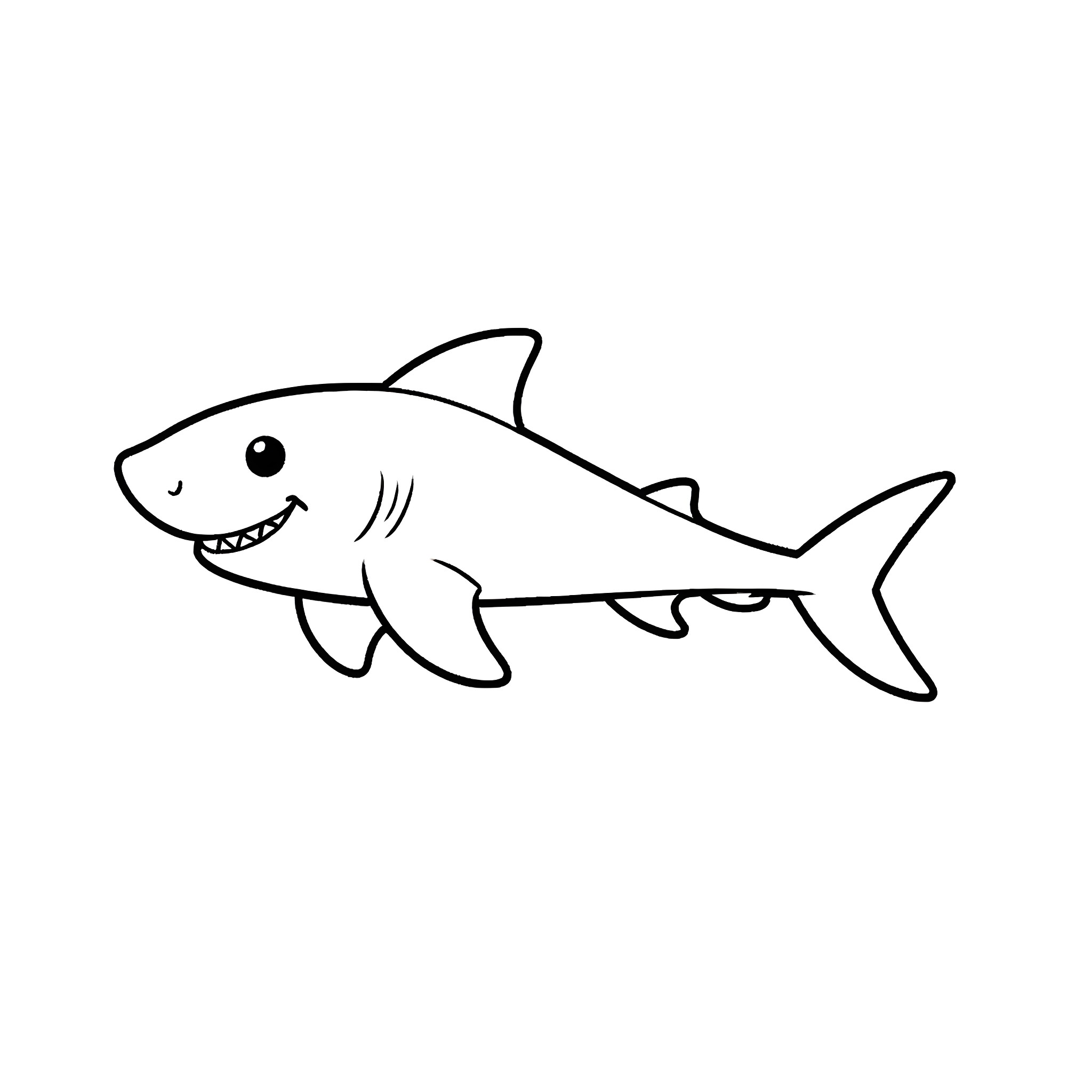 Shark swimming happily Coloring Page (free black-and-white line drawing printable PDF for all, from beginners to advanced learners, including children, teens, adults, and seniors)