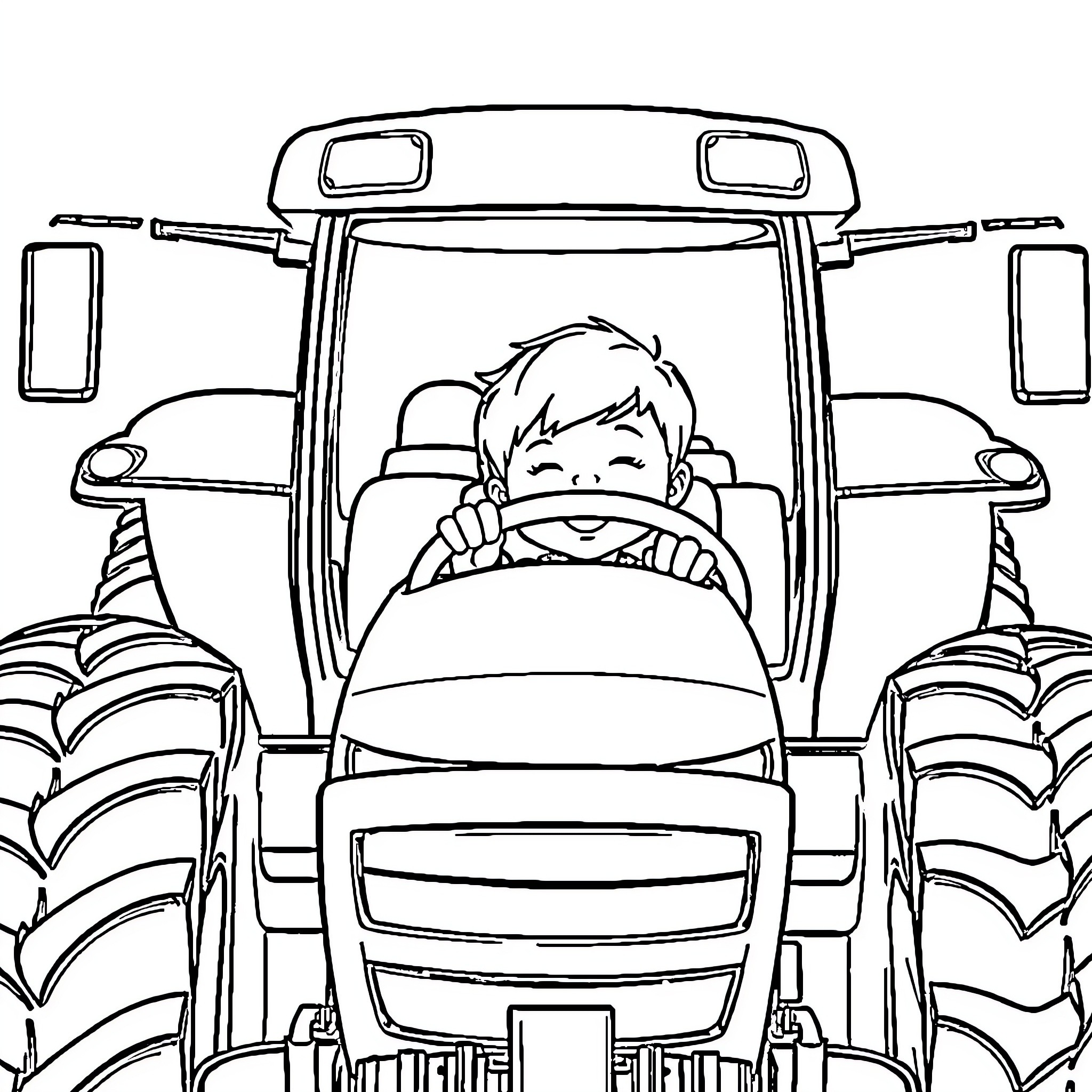 Tractor driven by a happy boy Coloring Page (free black-and-white line drawing printable PDF for all, from beginners to advanced learners, including children, teens, adults, and seniors)