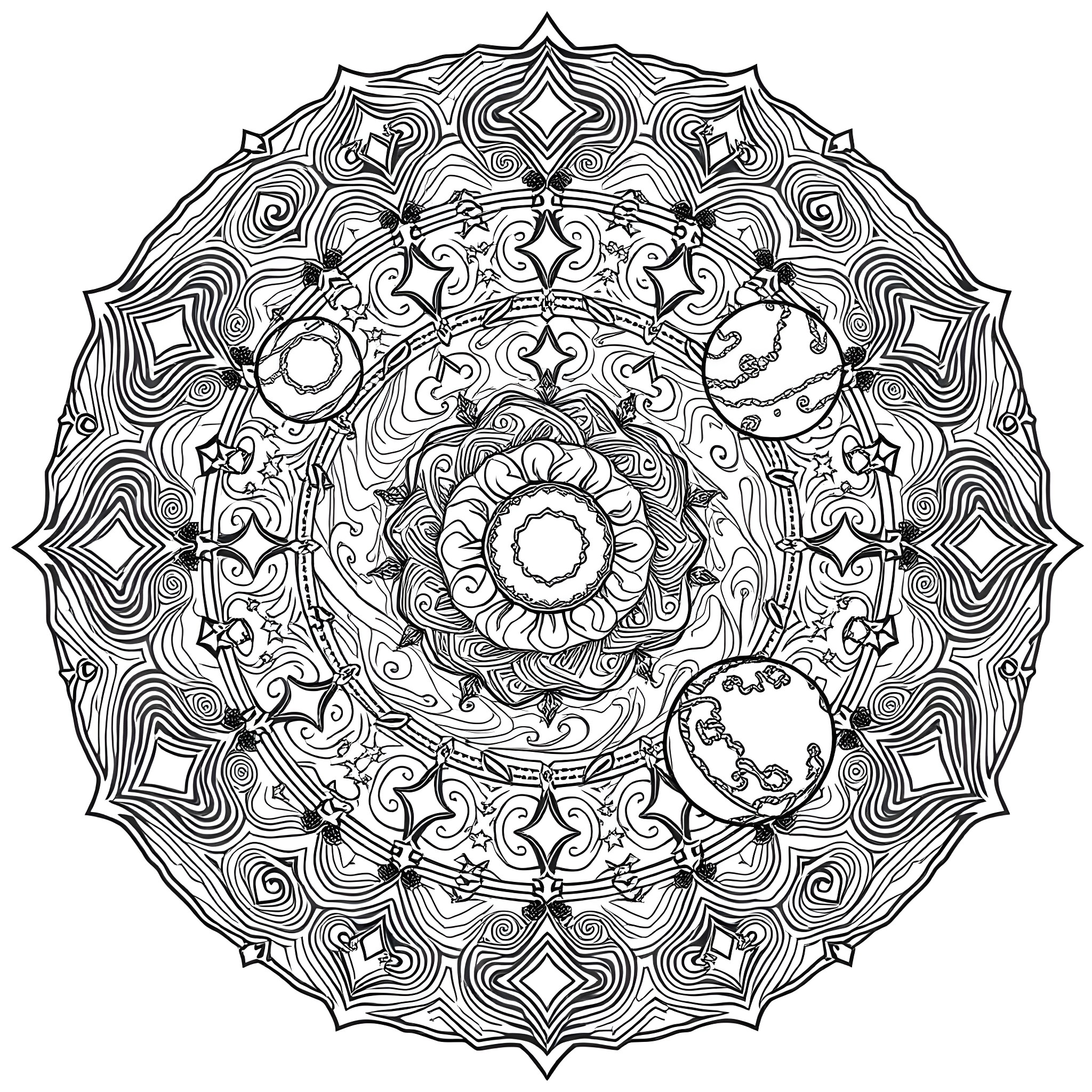 Mandala with intricate geometric patterns and floral elements Coloring Page (free black-and-white line drawing printable PDF for all, from beginners to advanced learners, including children, teens, adults, and seniors)