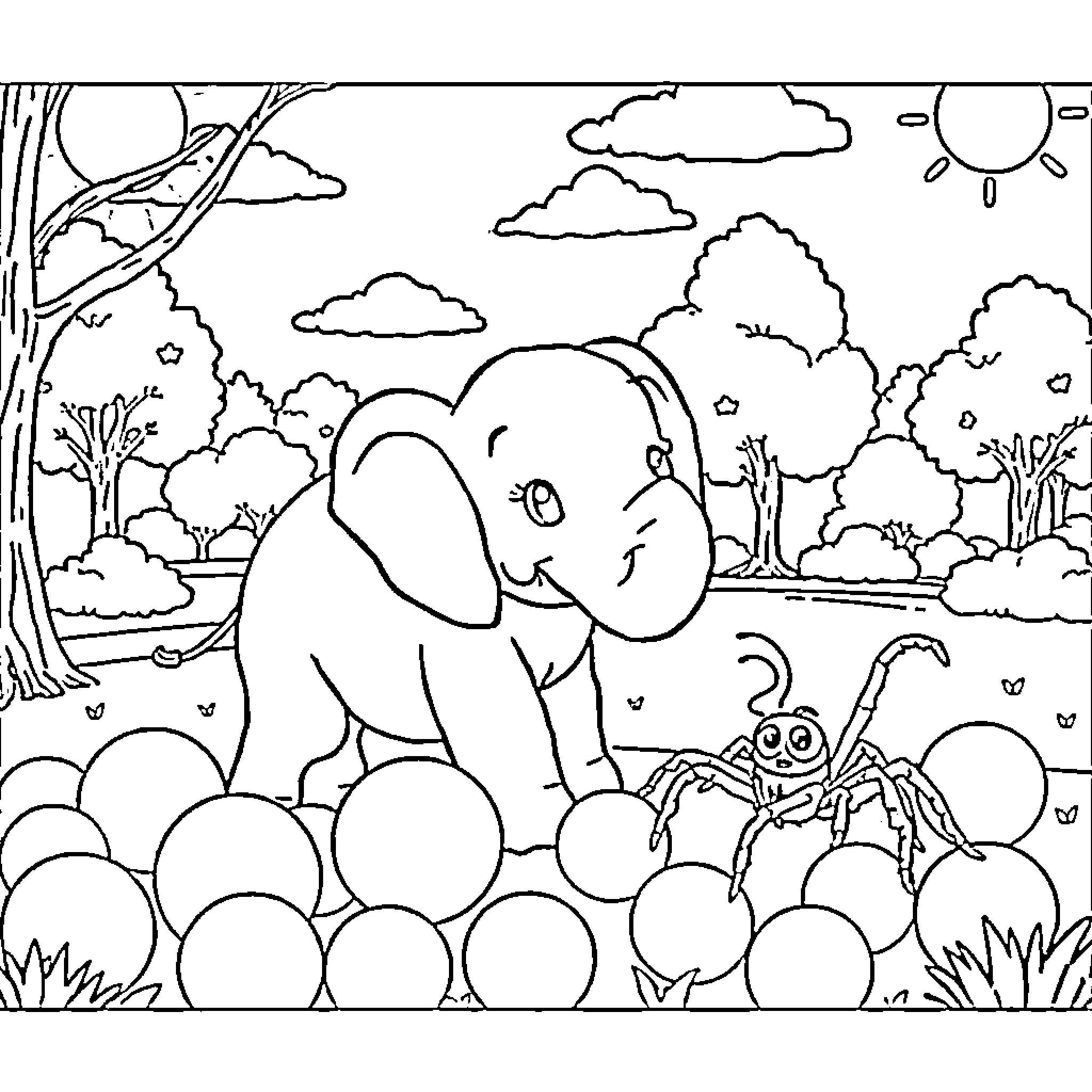 Elephant playing happily in the forest Coloring Page (free black-and-white line drawing printable PDF for all, from beginners to advanced learners, including children, teens, adults, and seniors)