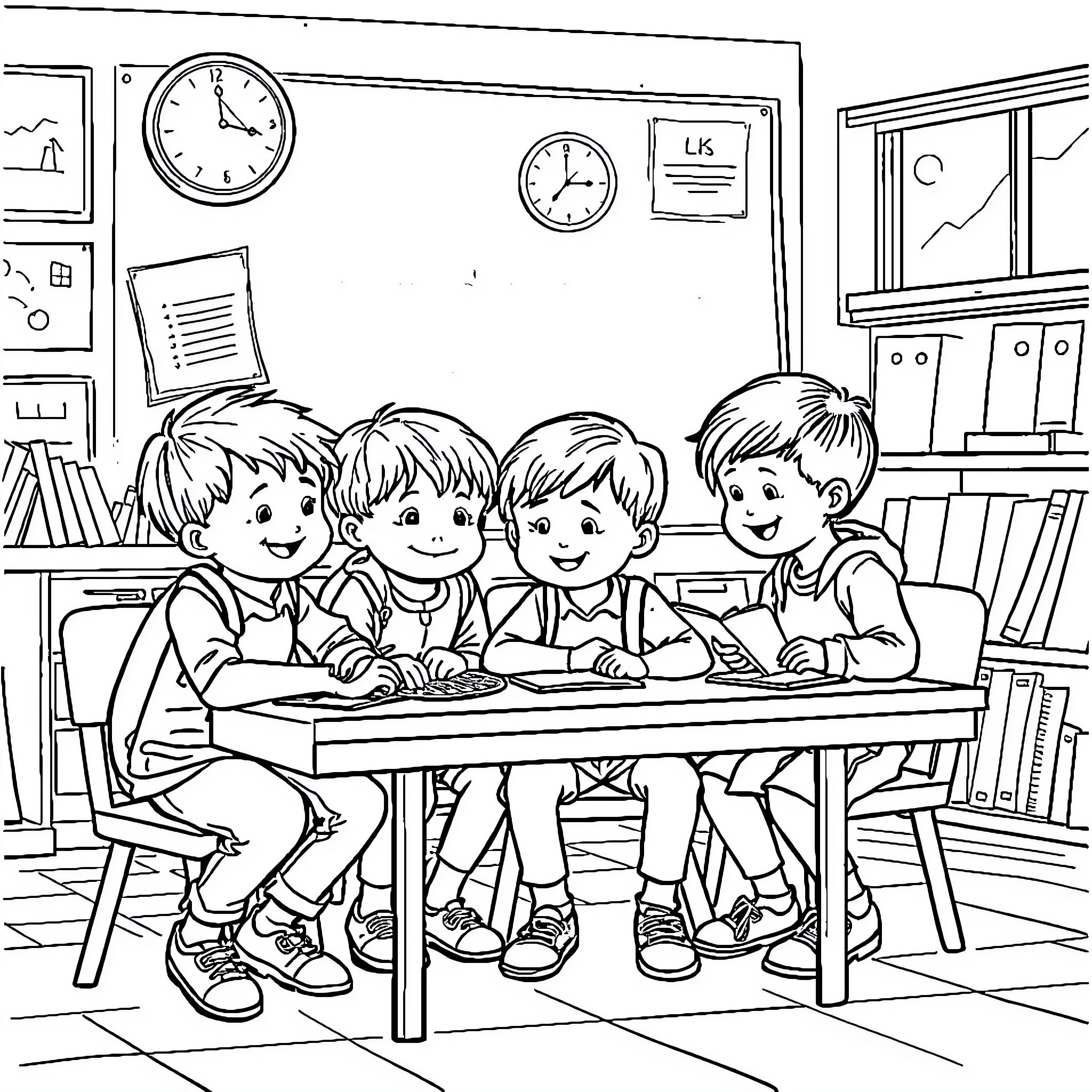 School Students Studying Together in Classroom Coloring Page (free black-and-white line drawing printable PDF for all, from beginners to advanced learners, including children, teens, adults, and seniors)