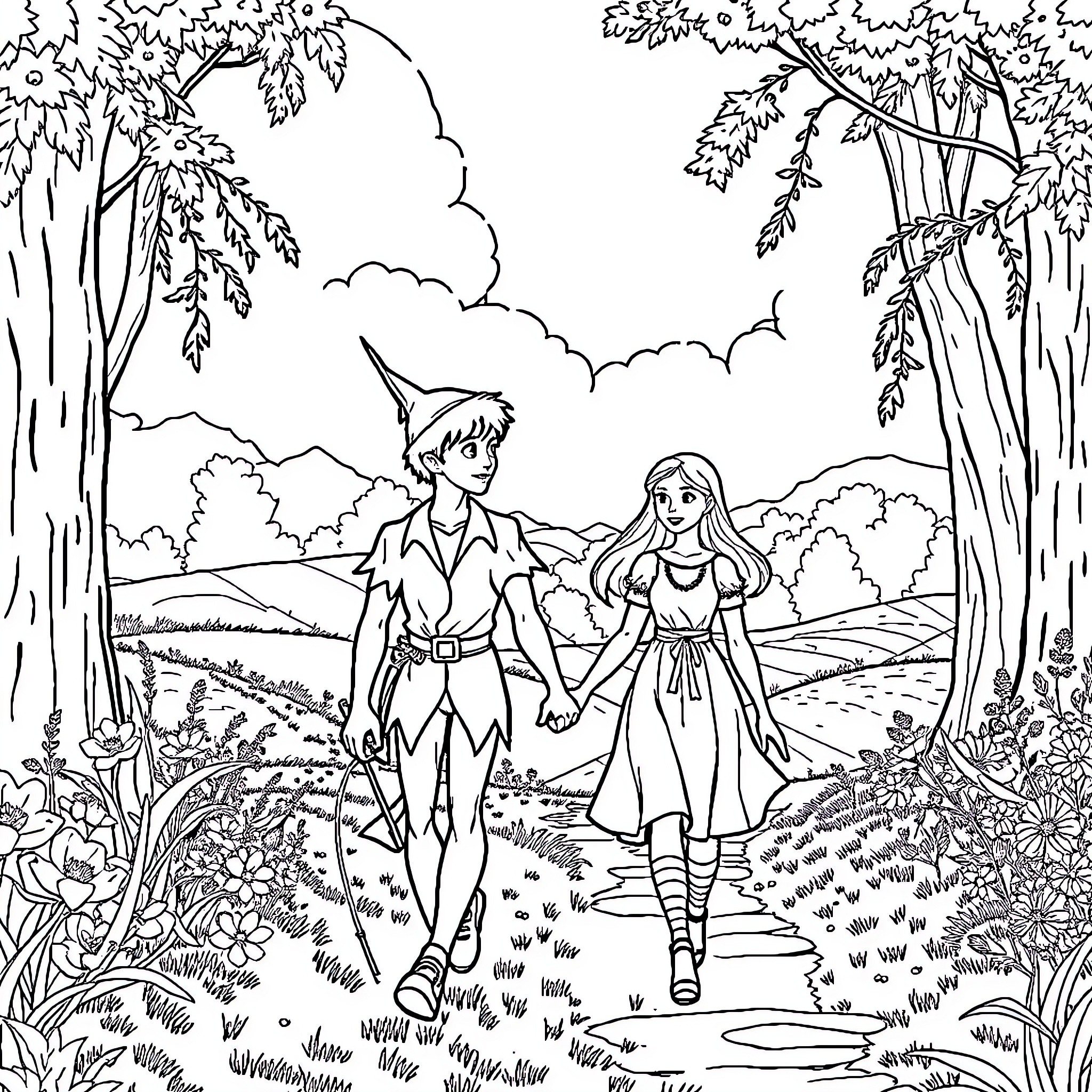 Peter Pan and Wendy explore the enchanted forest Coloring Page (free black-and-white line drawing printable PDF for all, from beginners to advanced learners, including children, teens, adults, and seniors)