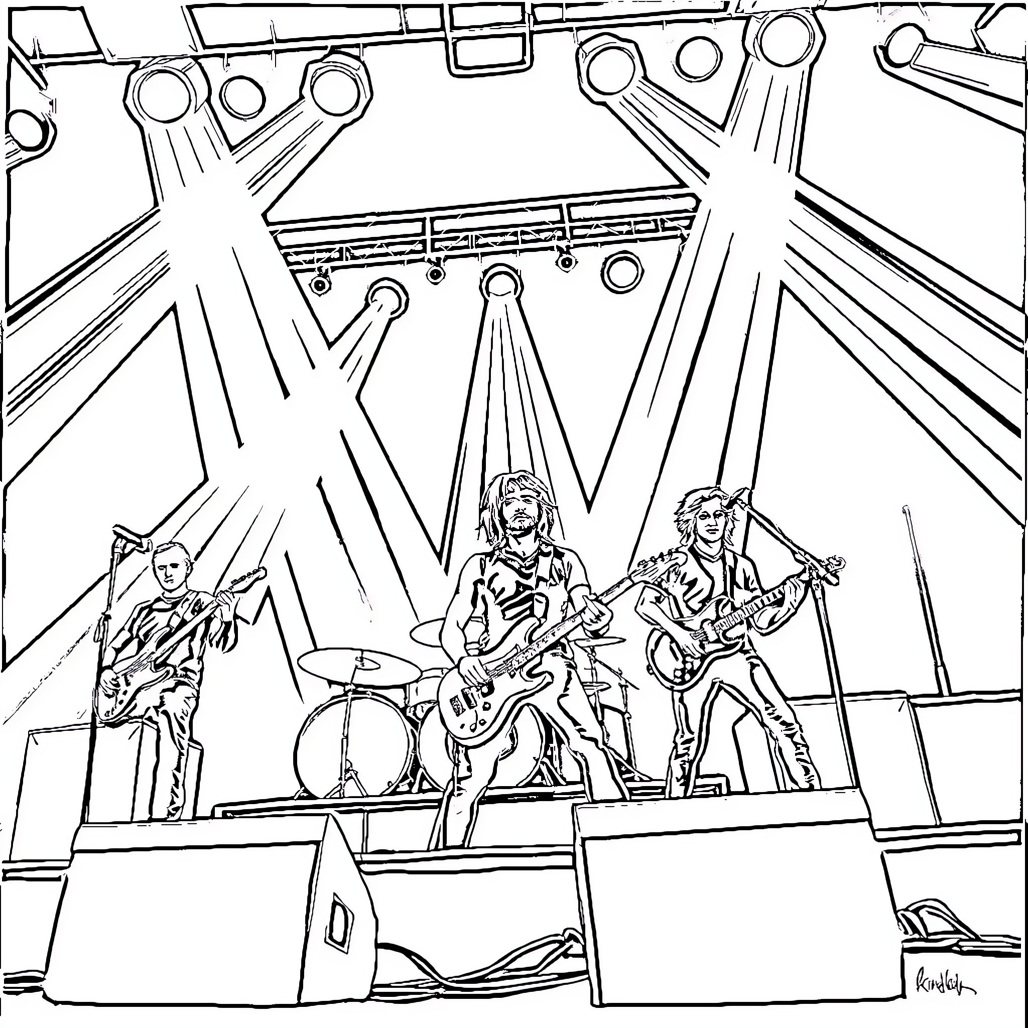 Stone Temple Pilots performing on stage Coloring Page (free black-and-white line drawing printable PDF for all, from beginners to advanced learners, including children, teens, adults, and seniors)