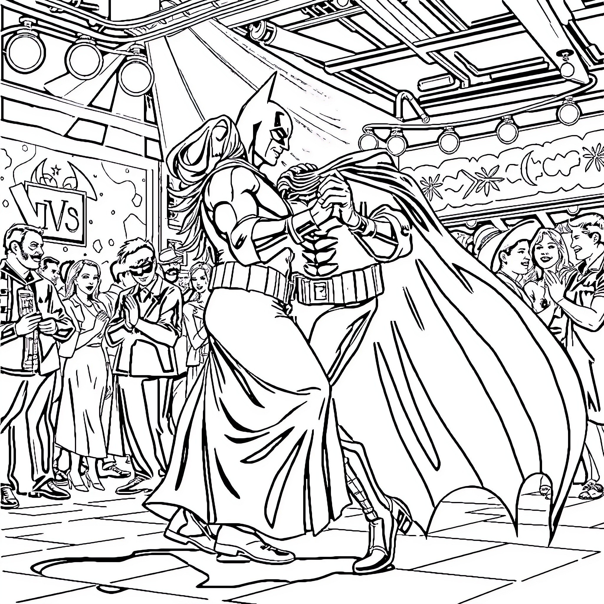 Batman's heroic act in a bustling city Coloring Page (free black-and-white line drawing printable PDF for all, from beginners to advanced learners, including children, teens, adults, and seniors)
