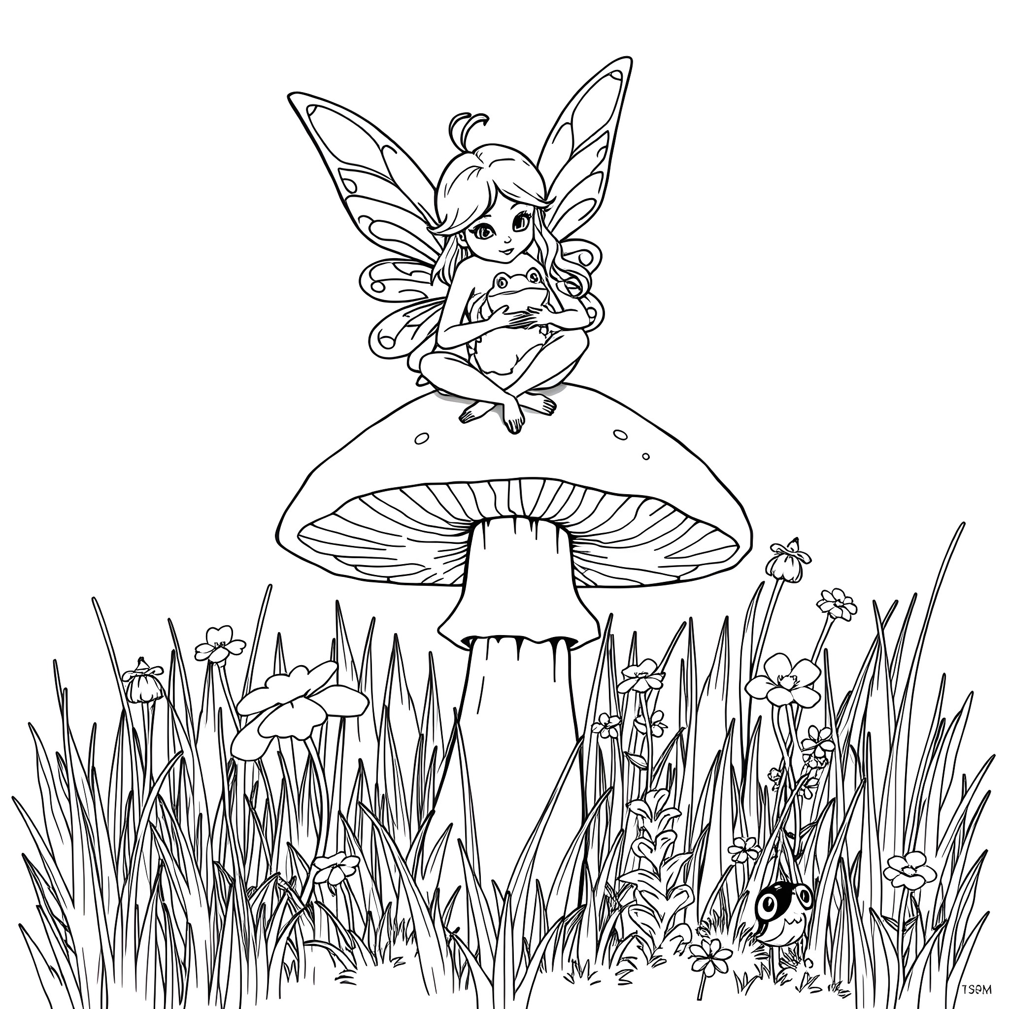 Fairy sitting on a giant mushroom in the enchanted forest Coloring Page (free black-and-white line drawing printable PDF for all, from beginners to advanced learners, including children, teens, adults, and seniors)