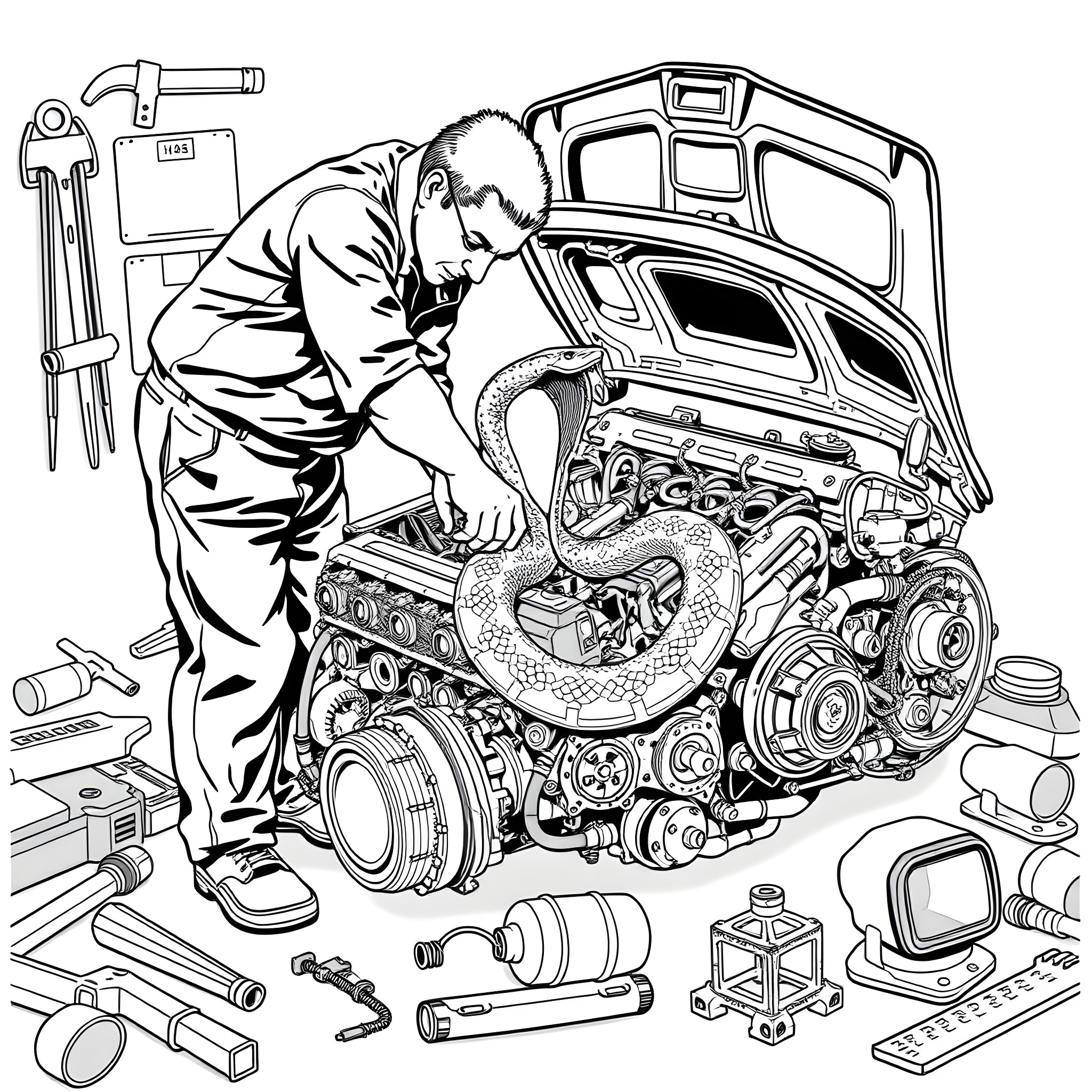 Mechanic examining and repairing automobile engine Coloring Page (free black-and-white line drawing printable PDF for all, from beginners to advanced learners, including children, teens, adults, and seniors)