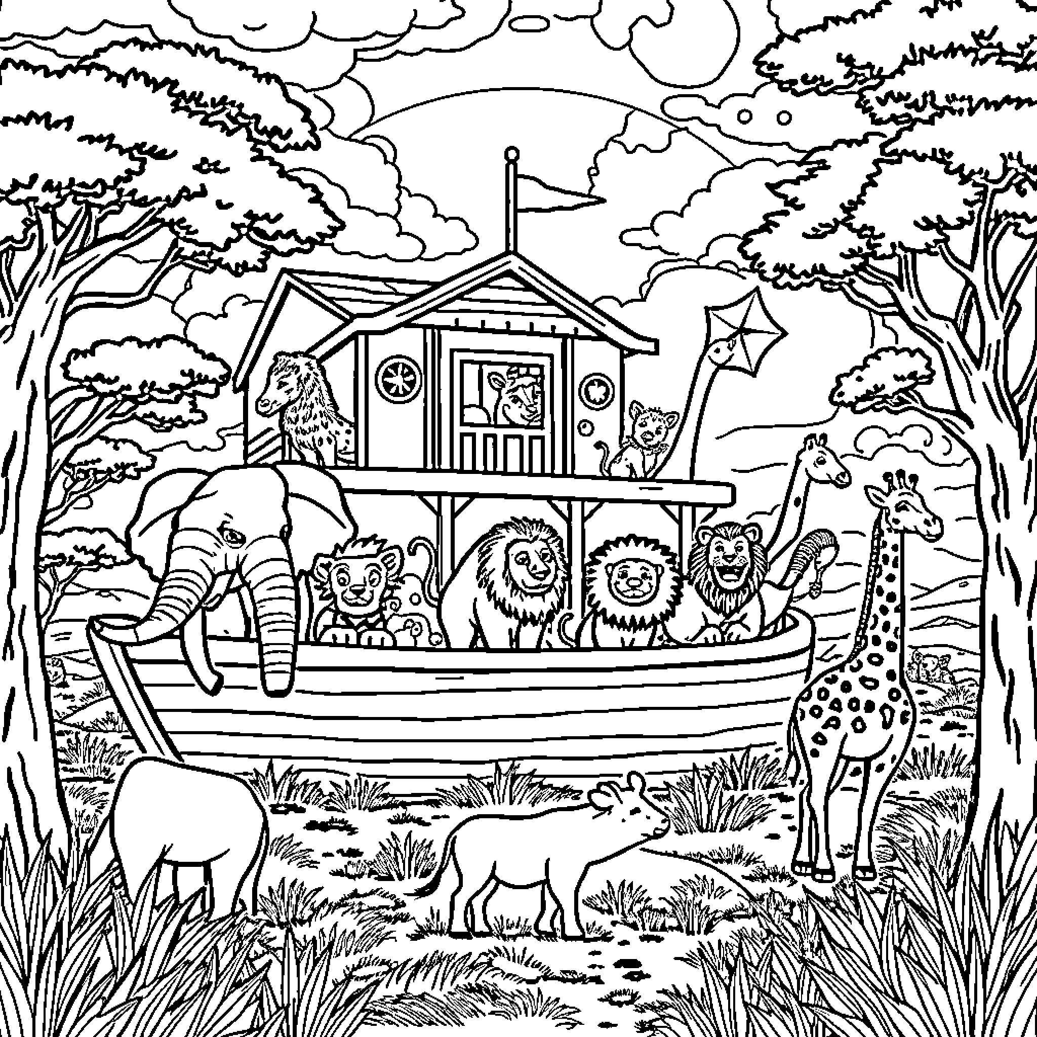 Animal Play House in the Enchanted Forest Coloring Page (free black-and-white line drawing printable PDF for all, from beginners to advanced learners, including children, teens, adults, and seniors)