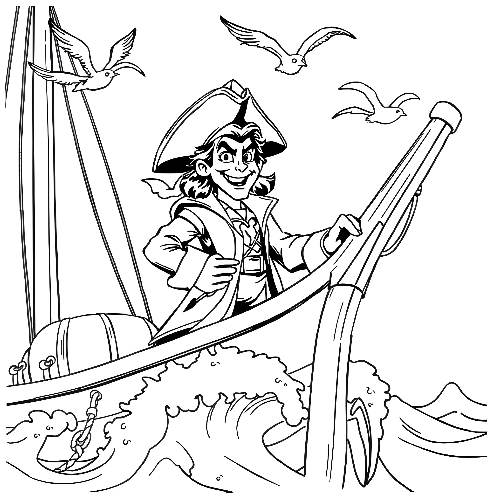 Captain Hook sailing the high seas with his ship Coloring Page (free black-and-white line drawing printable PDF for all, from beginners to advanced learners, including children, teens, adults, and seniors)