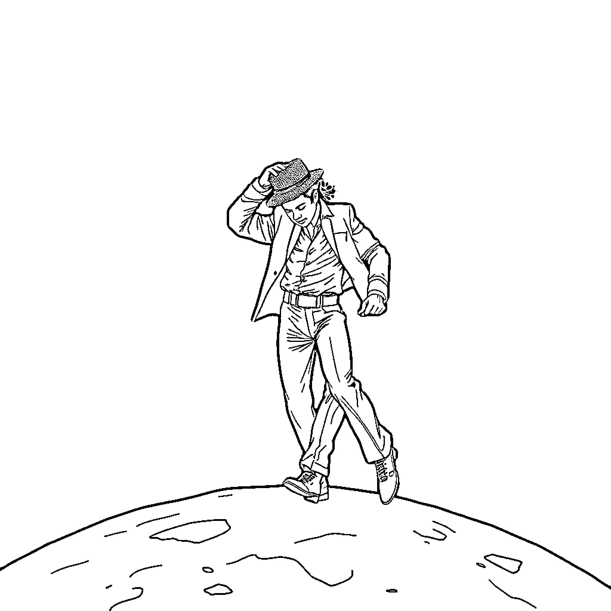 Michael Jackson dancing on the moon Coloring Page (free black-and-white line drawing printable PDF for all, from beginners to advanced learners, including children, teens, adults, and seniors)