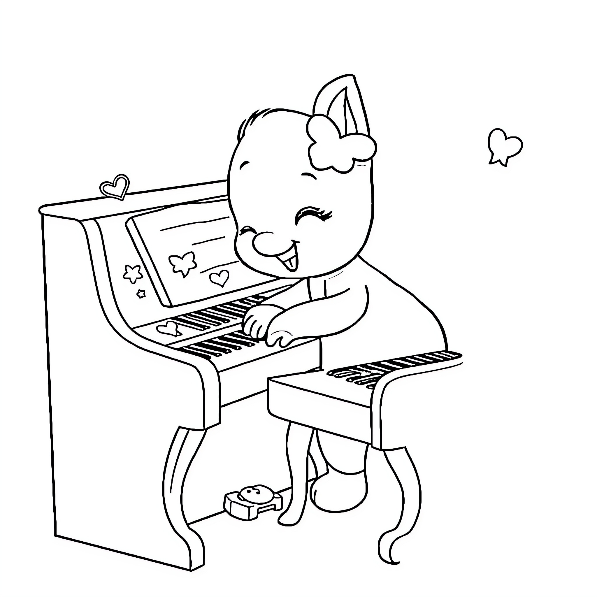 Bluey playing happily on the piano Coloring Page (free black-and-white line drawing printable PDF for all, from beginners to advanced learners, including children, teens, adults, and seniors)