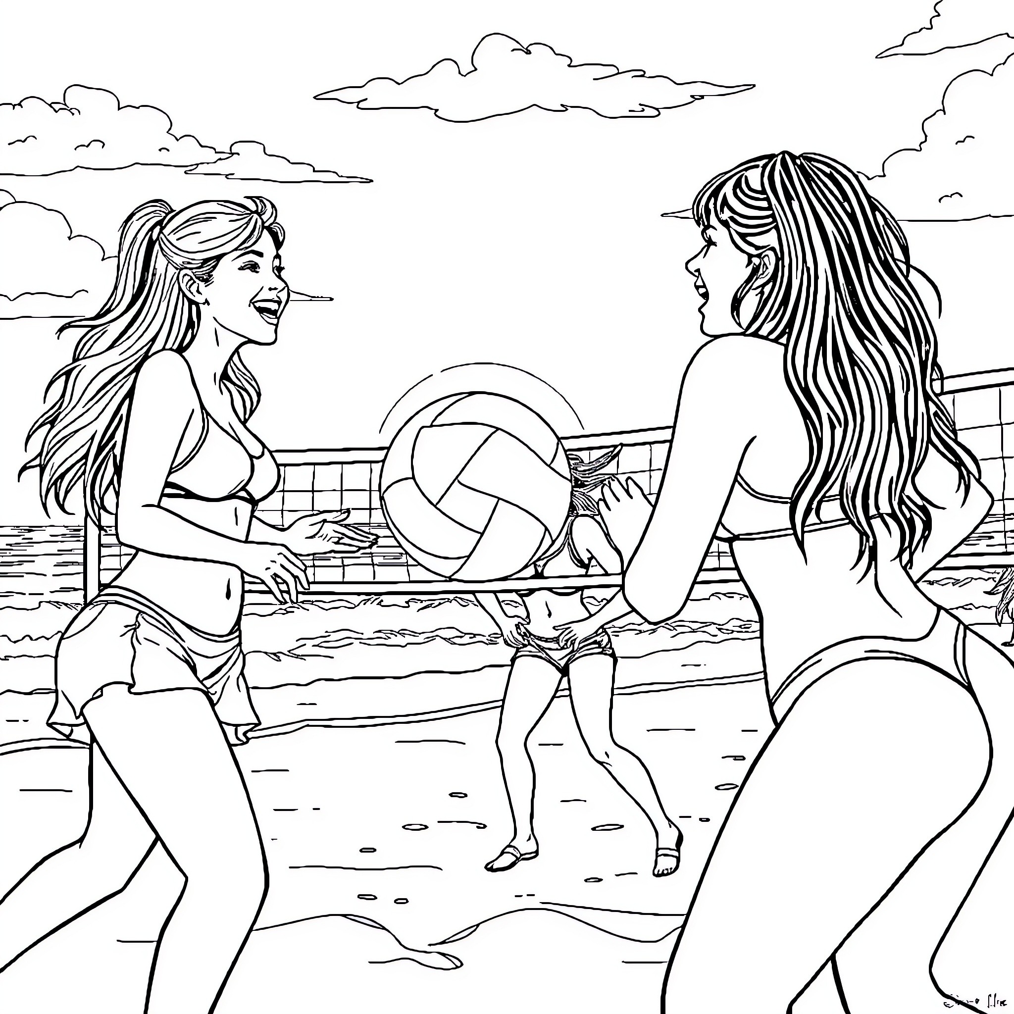 Girls playing beach volleyball on sunny day Coloring Page (free black-and-white line drawing printable PDF for all, from beginners to advanced learners, including children, teens, adults, and seniors)