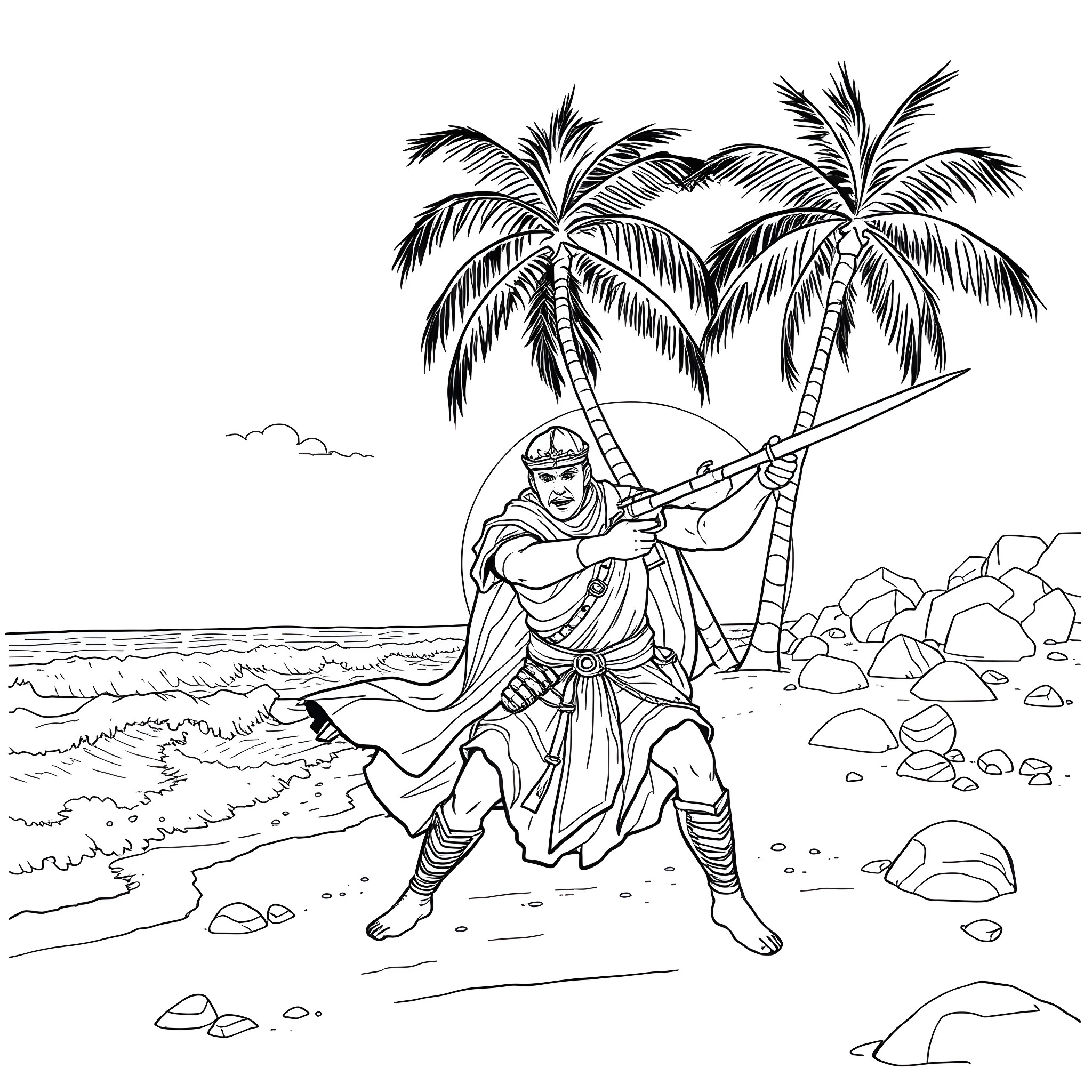 Soldier facing the ocean under palm trees Coloring Page (free black-and-white line drawing printable PDF for all, from beginners to advanced learners, including children, teens, adults, and seniors)