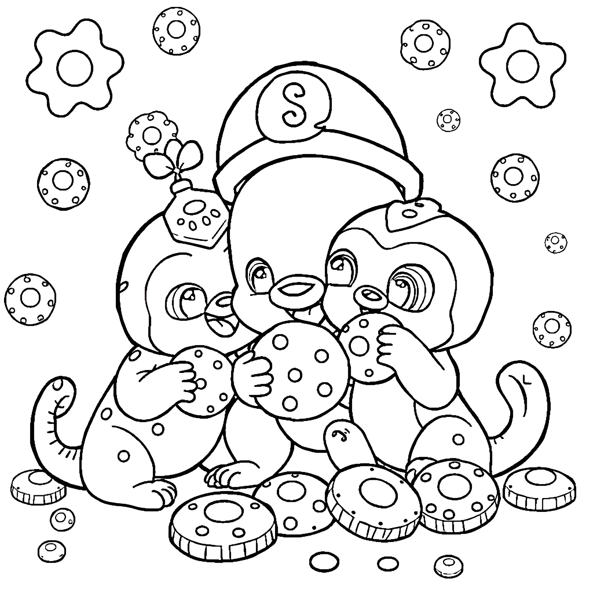 Vegemals playing with colorful shapes Coloring Page (free black-and-white line drawing printable PDF for all, from beginners to advanced learners, including children, teens, adults, and seniors)