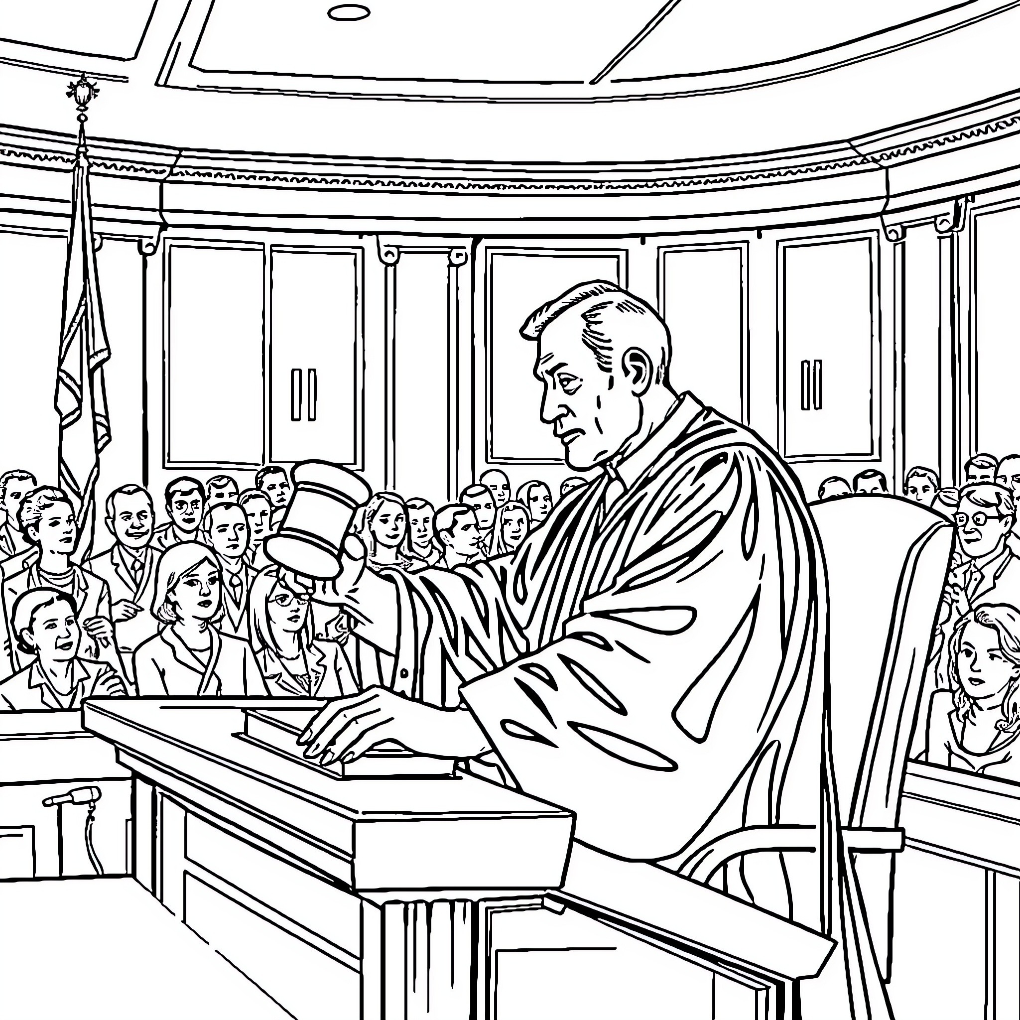 Judge Presiding Over Courtroom Proceedings Coloring Page (free black-and-white line drawing printable PDF for all, from beginners to advanced learners, including children, teens, adults, and seniors)