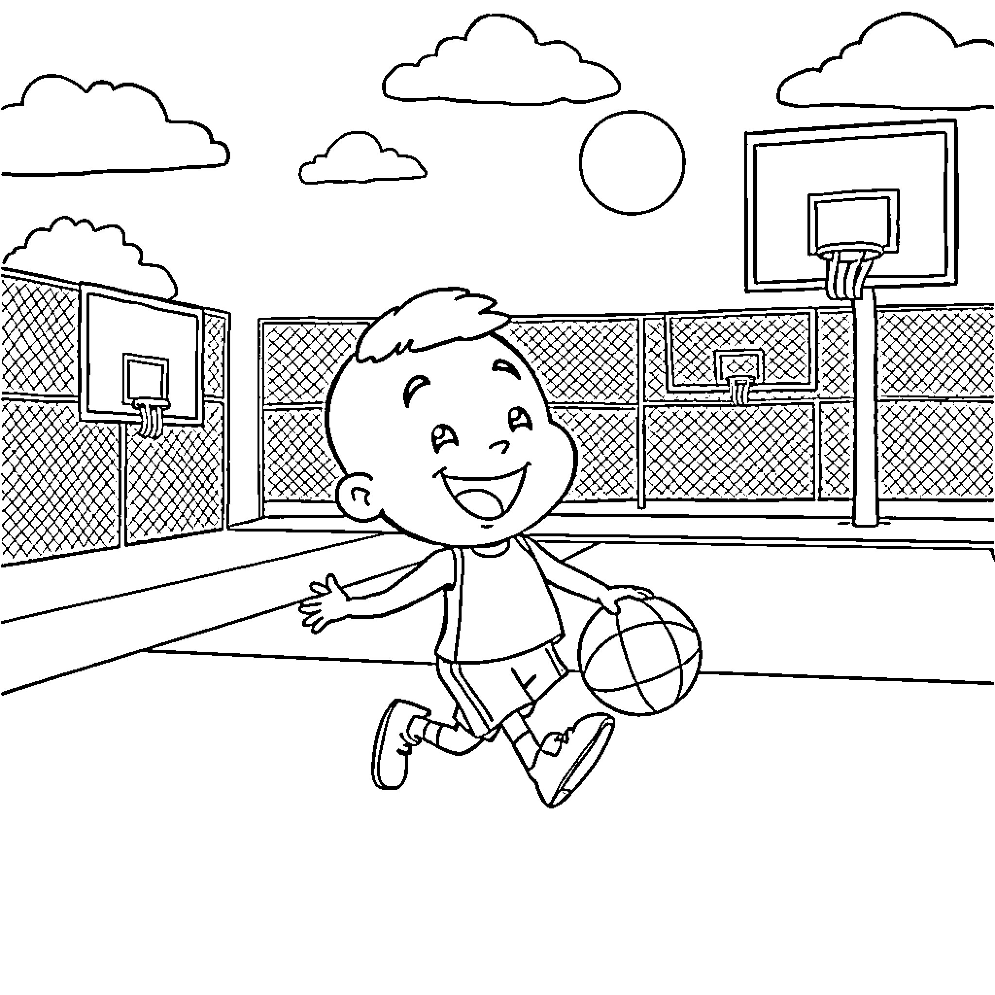 Pocoyo playing basketball on the court Coloring Page (free black-and-white line drawing printable PDF for all, from beginners to advanced learners, including children, teens, adults, and seniors)