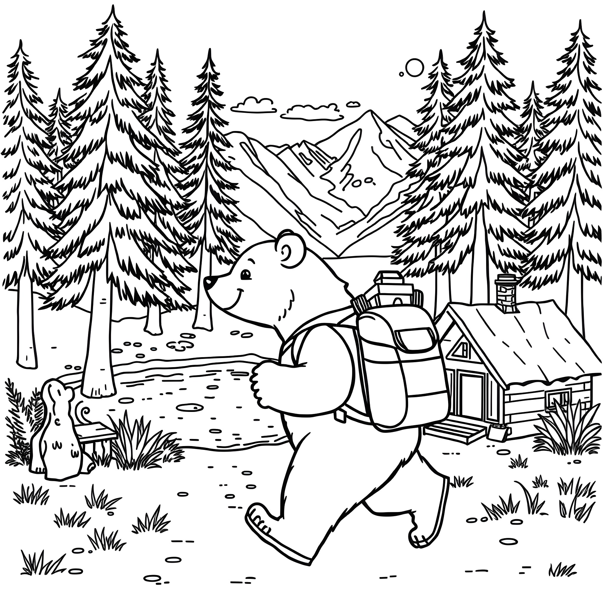 Bear Hiker Exploring the Wilderness Coloring Page (free black-and-white line drawing printable PDF for all, from beginners to advanced learners, including children, teens, adults, and seniors)