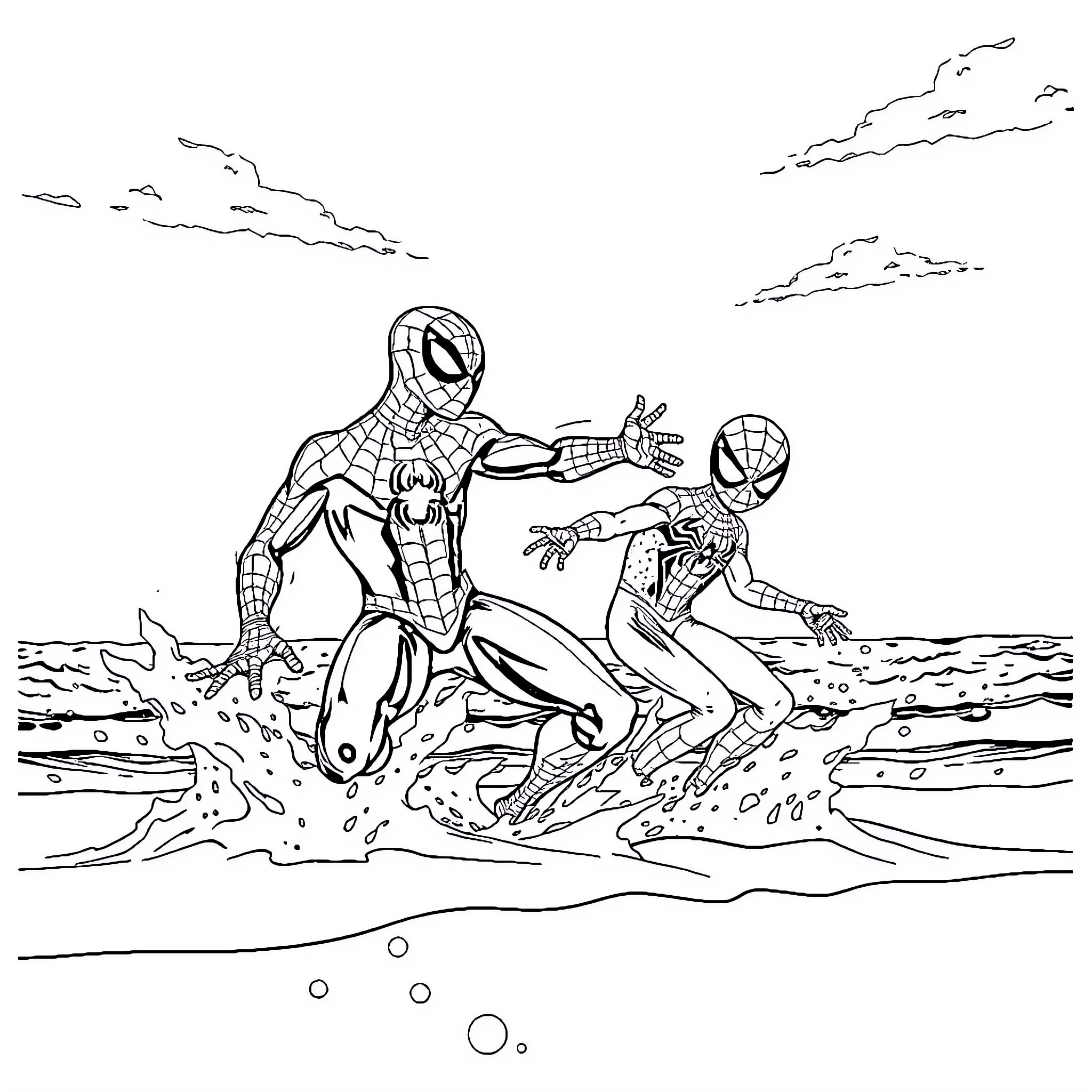 Spiderman duo battling in the water Coloring Page (free black-and-white line drawing printable PDF for all, from beginners to advanced learners, including children, teens, adults, and seniors)