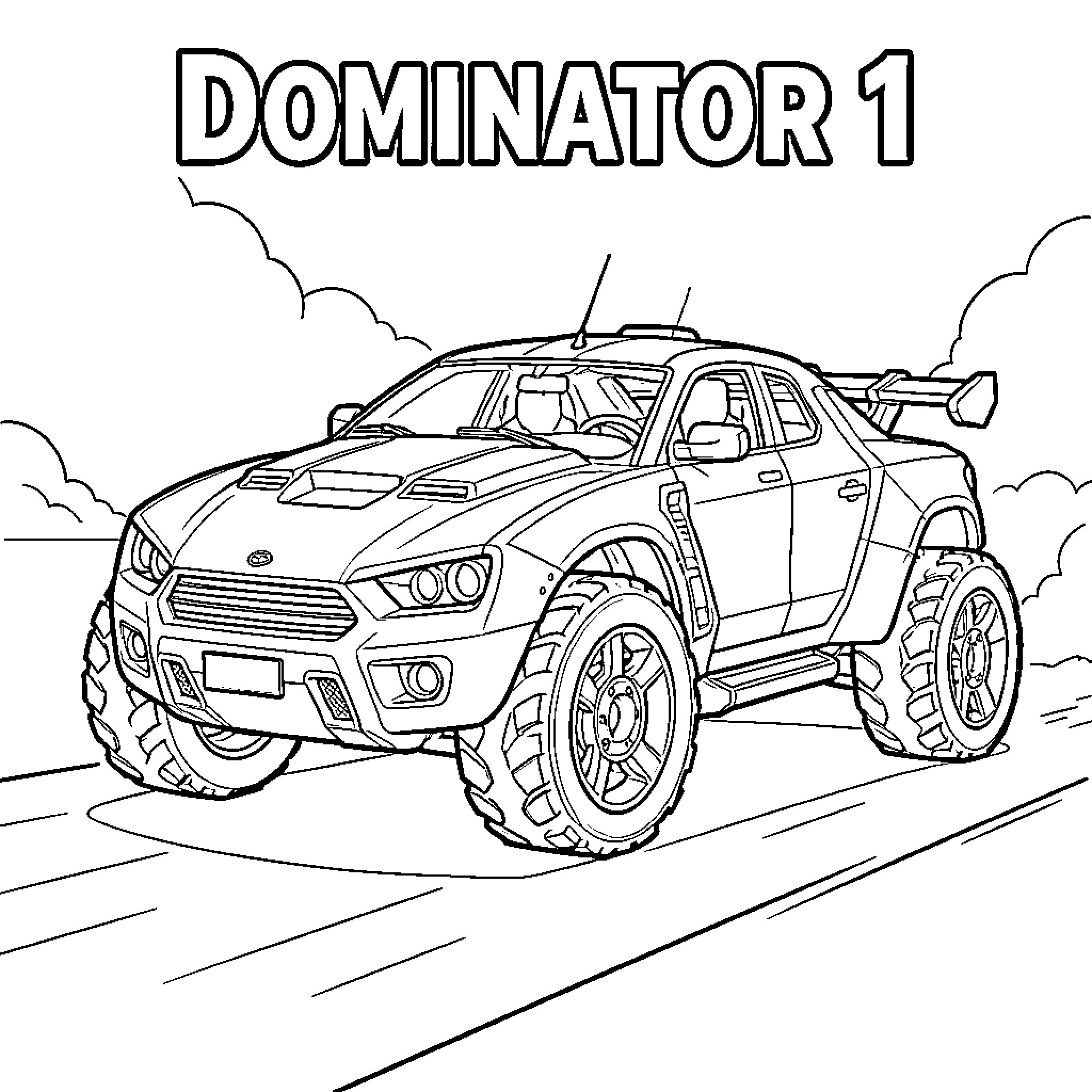Dominator driving a powerful off-road truck on a path Coloring Page (free black-and-white line drawing printable PDF for all, from beginners to advanced learners, including children, teens, adults, and seniors)