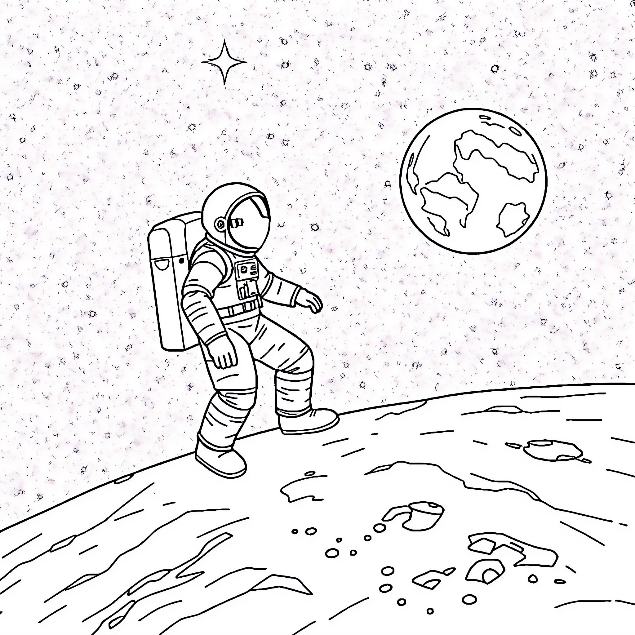 Astronaut exploring the surface of the moon Coloring Page (free black-and-white line drawing printable PDF for all, from beginners to advanced learners, including children, teens, adults, and seniors)