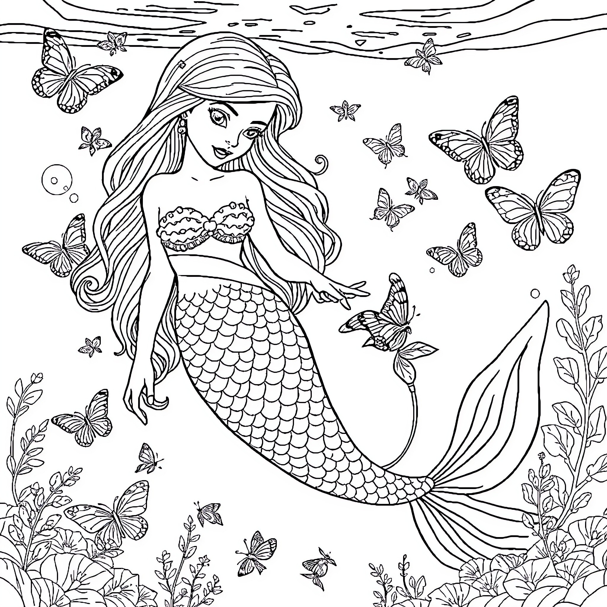 Mermaid swimming with butterflies in the ocean Coloring Page (free black-and-white line drawing printable PDF for all, from beginners to advanced learners, including children, teens, adults, and seniors)